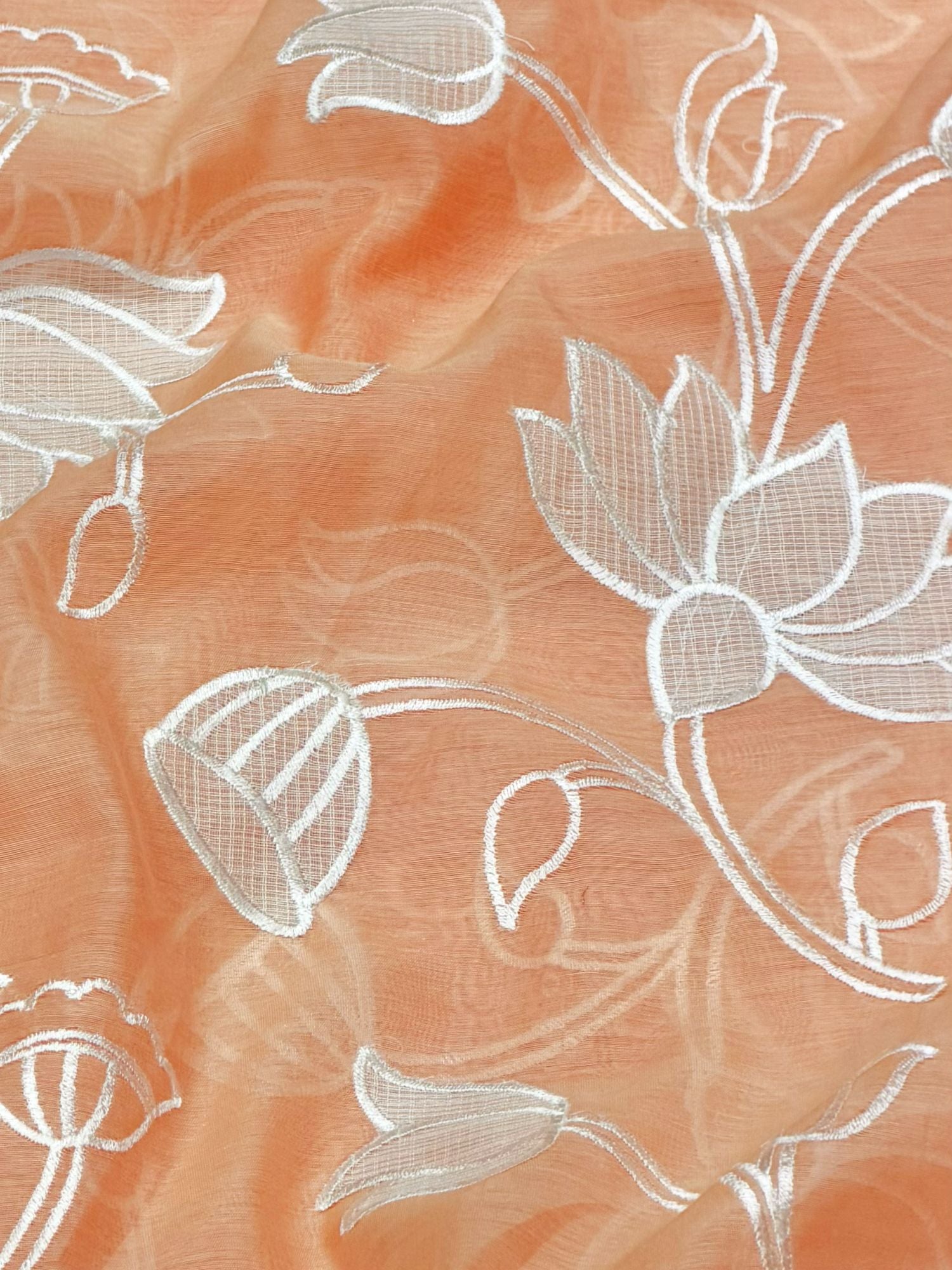Peach Mul Fabric With White Appliqué Work