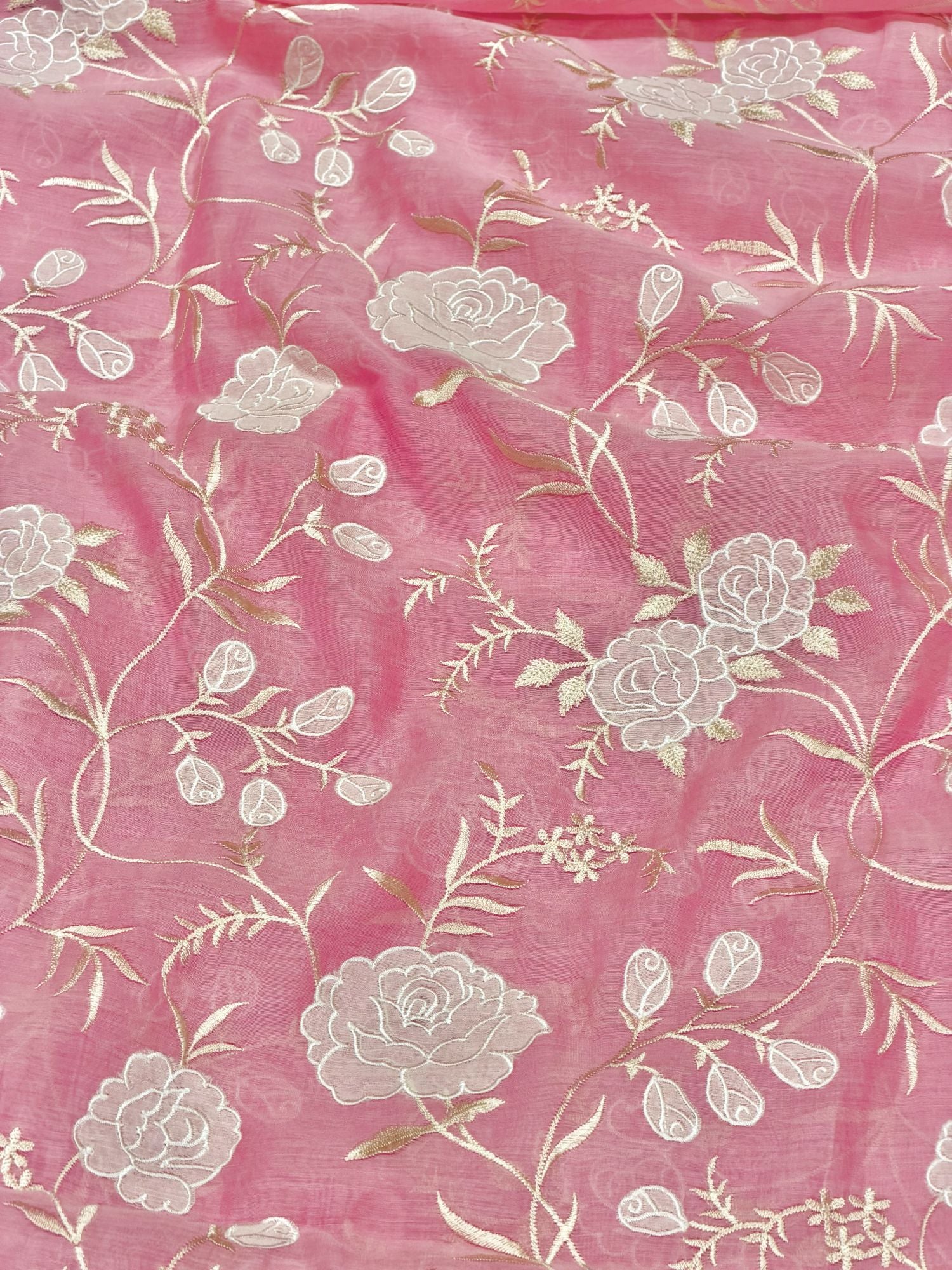 Rose Pink Mul Fabric With White Appliqué Work