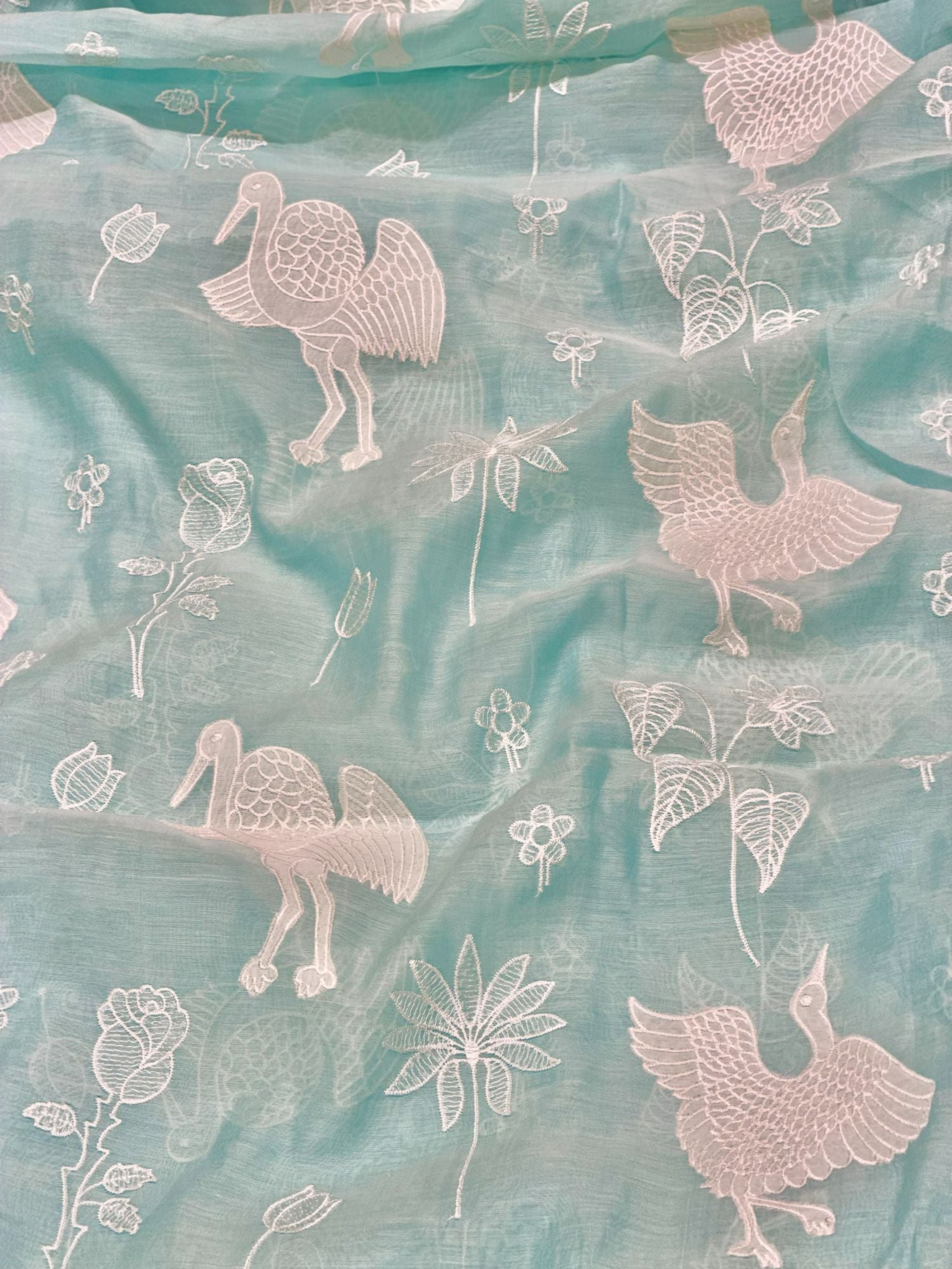 Aqua Teal Mul with Bird & Botanical Appliqué Work