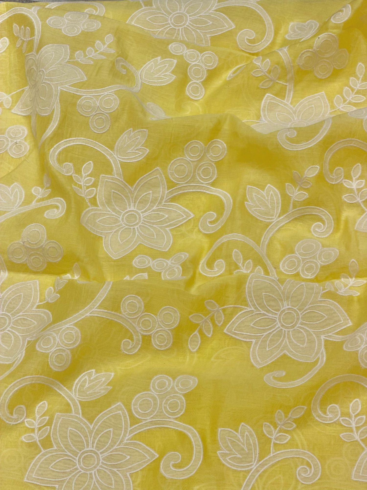 Yellow Mul Fabric With White Appliqué Work