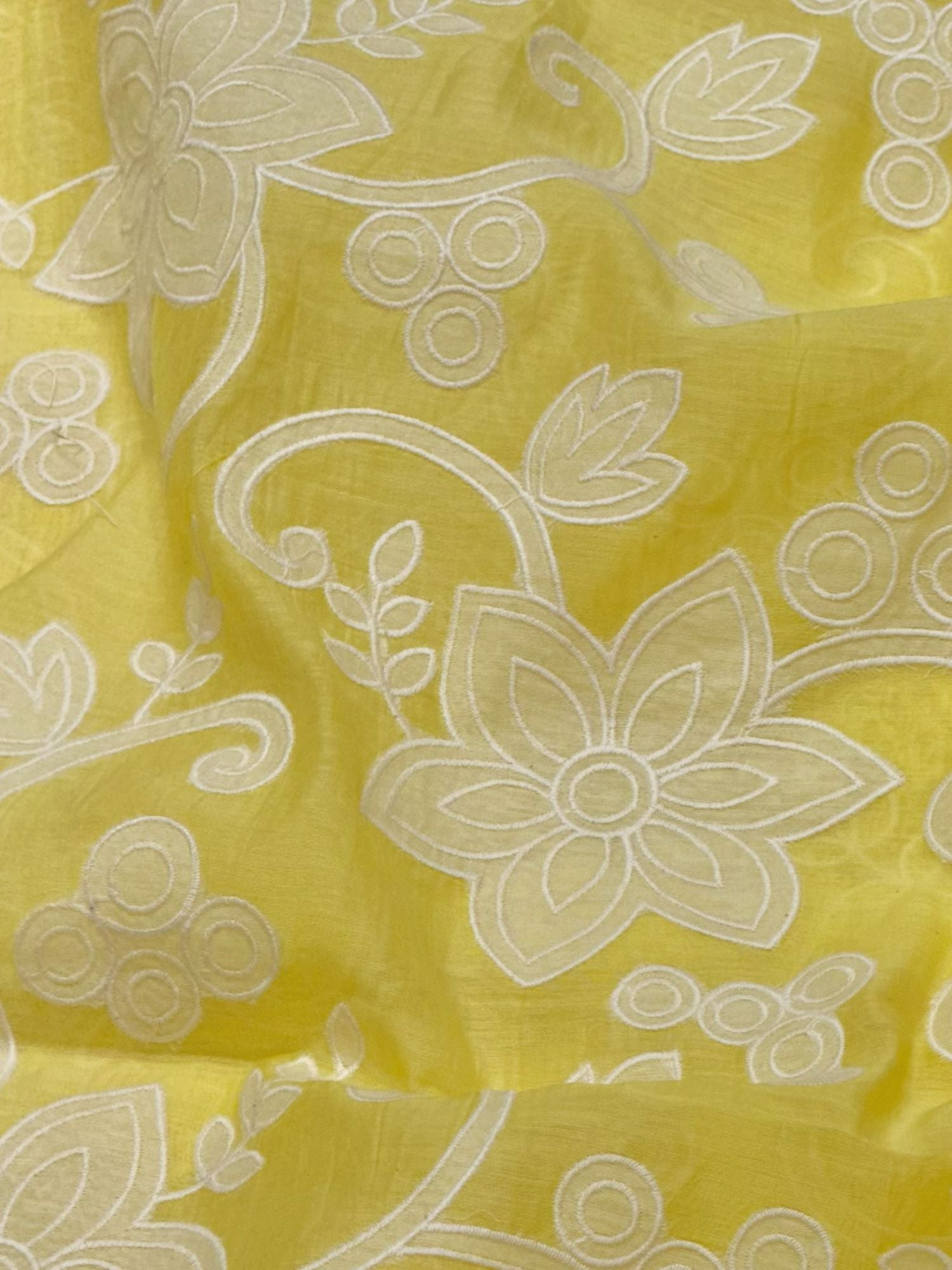 Yellow Mul Fabric With White Appliqué Work