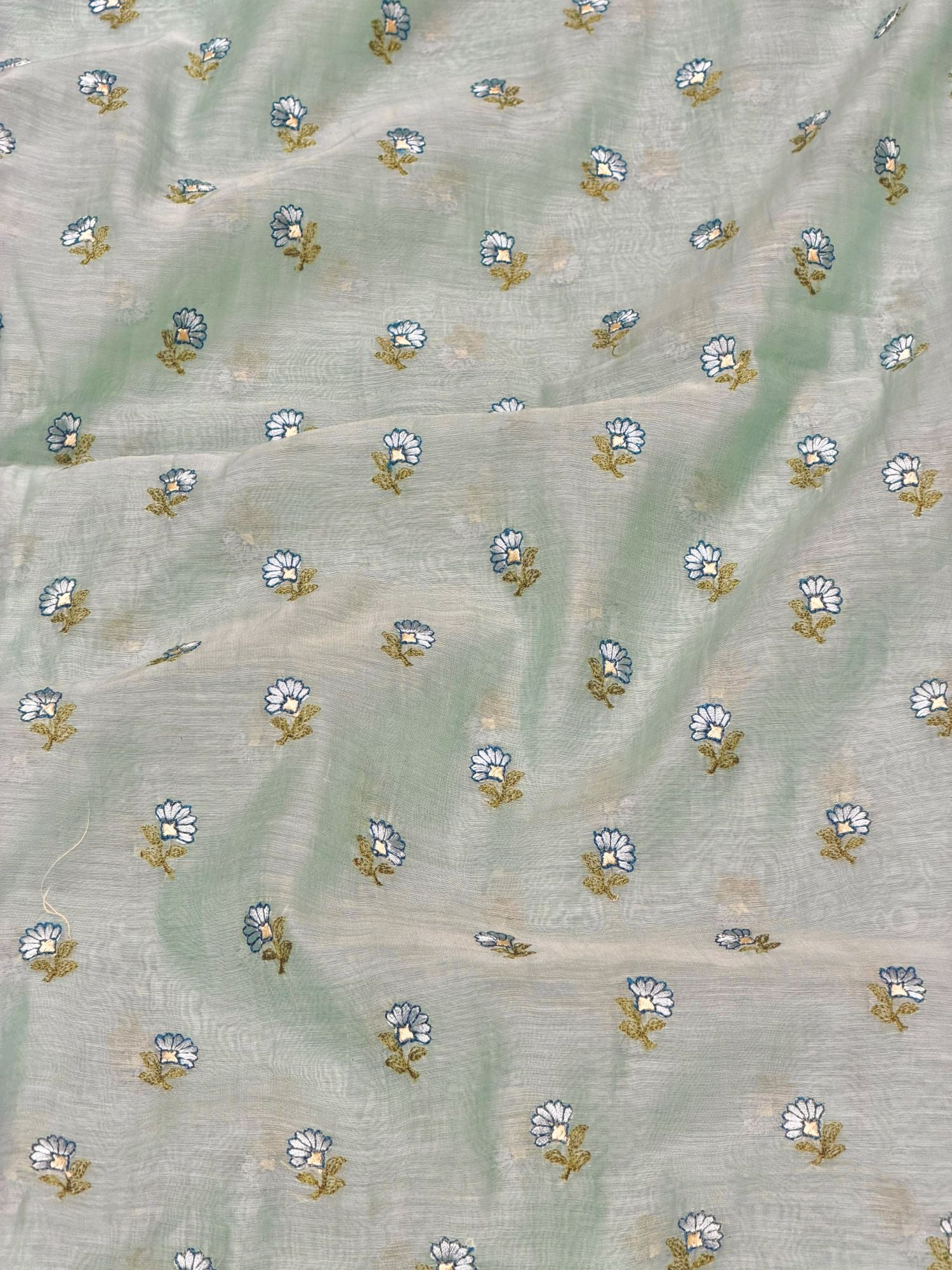 Sage-Mint Mul Fabric with Floral Embroidery