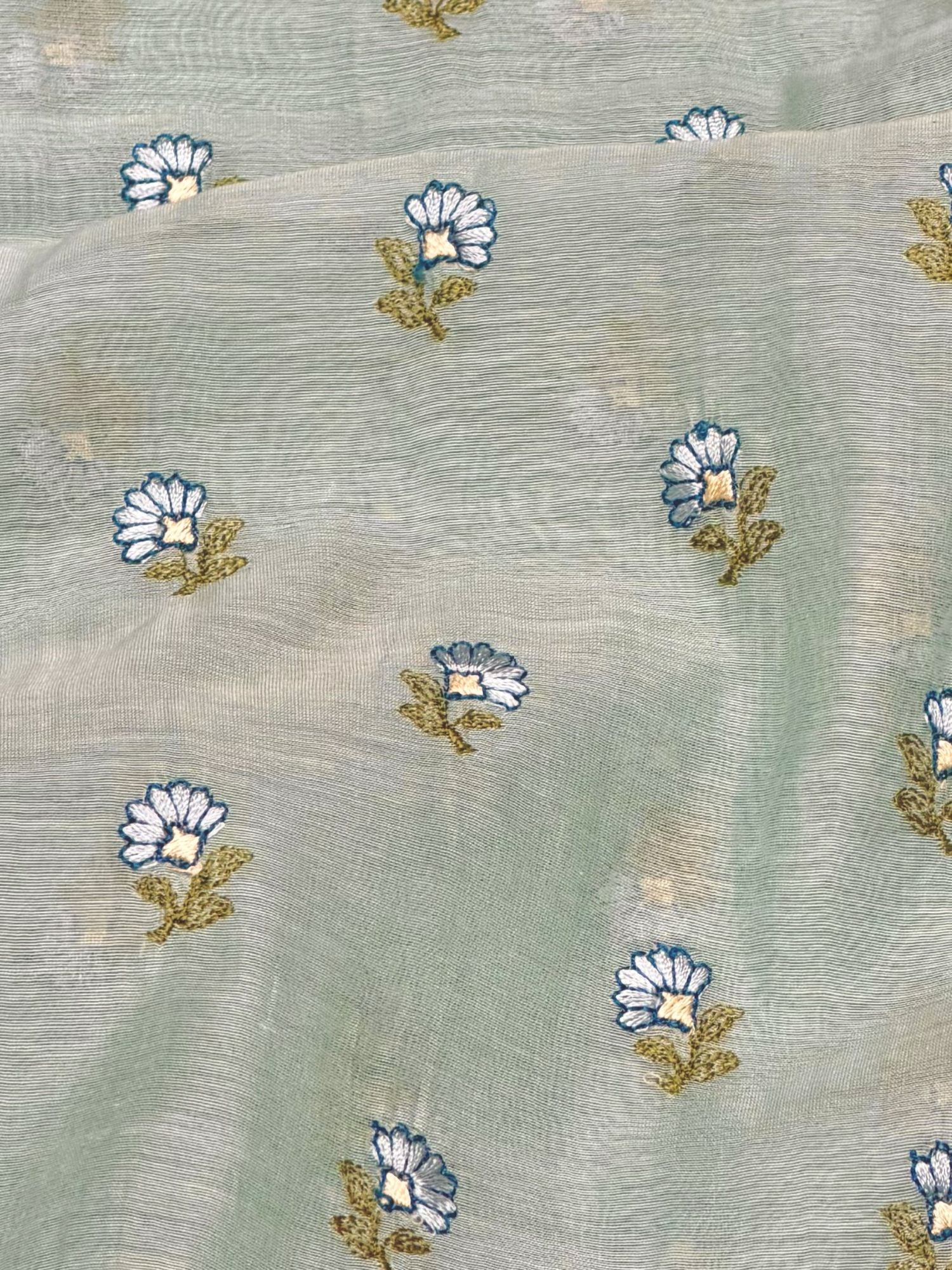 Sage-Mint Mul Fabric with Floral Embroidery