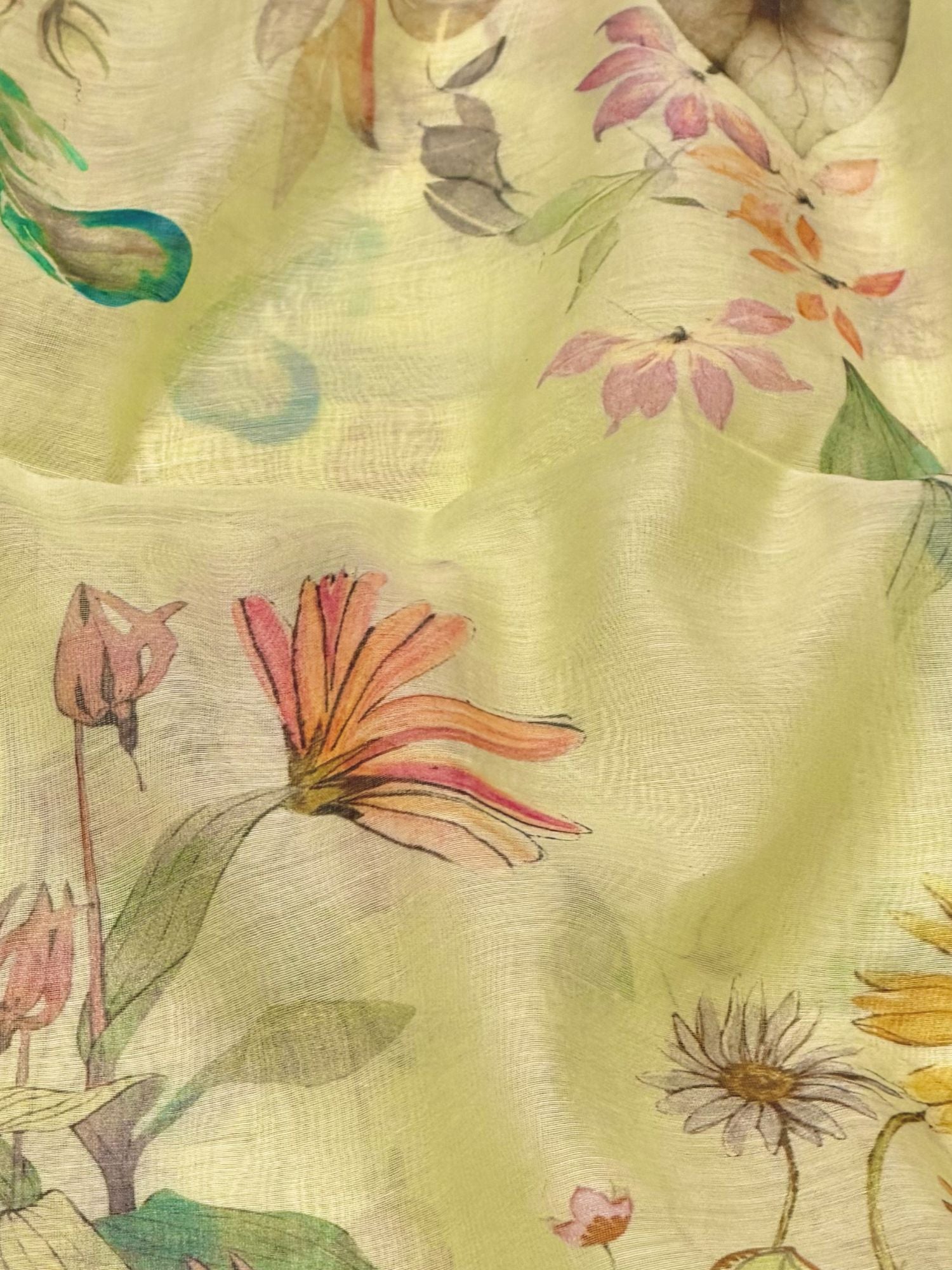 Lime Green Printed Mul Fabric