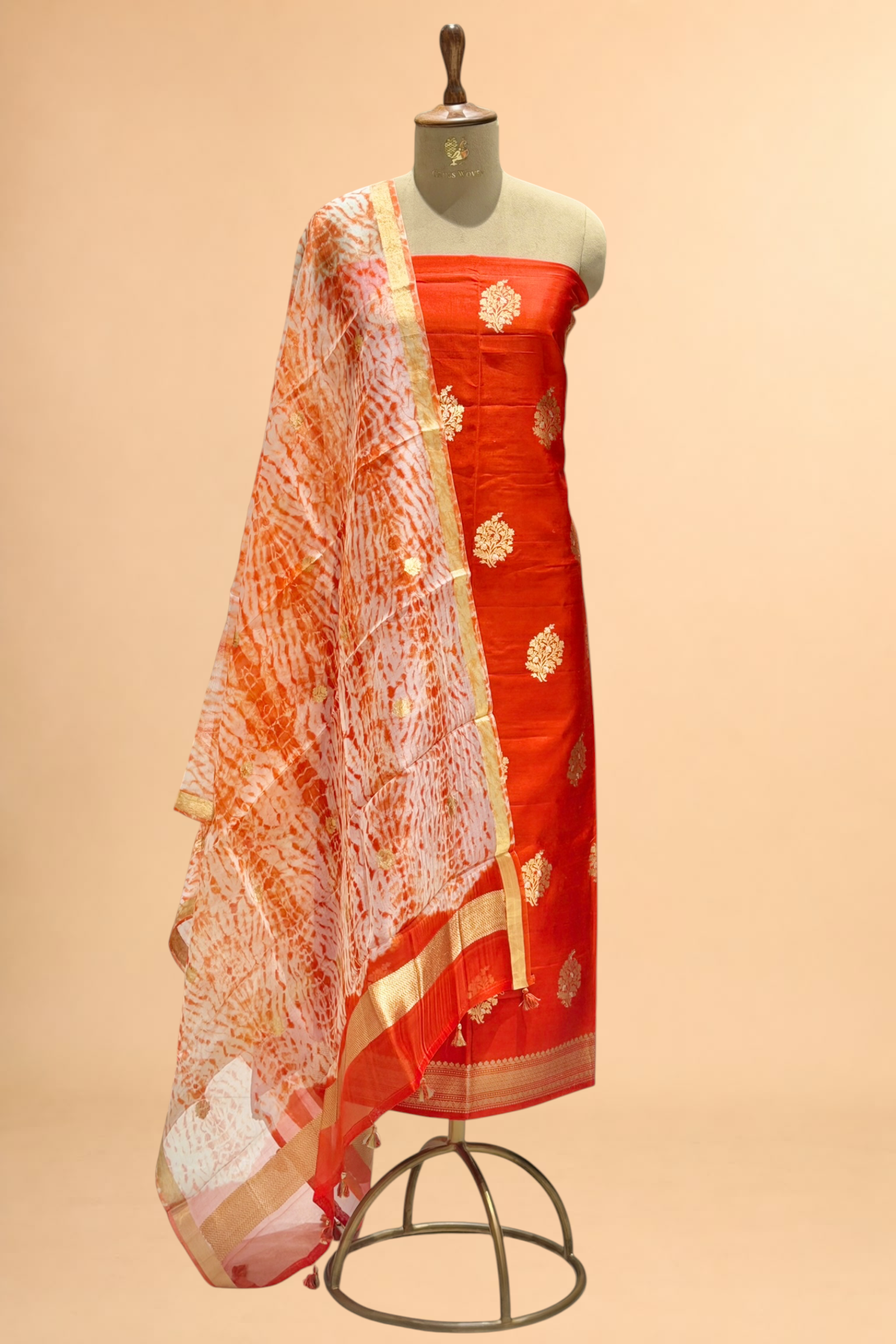 Orange Pure Soft Silk Suit Set With Organza Shibori Dye Dupatta