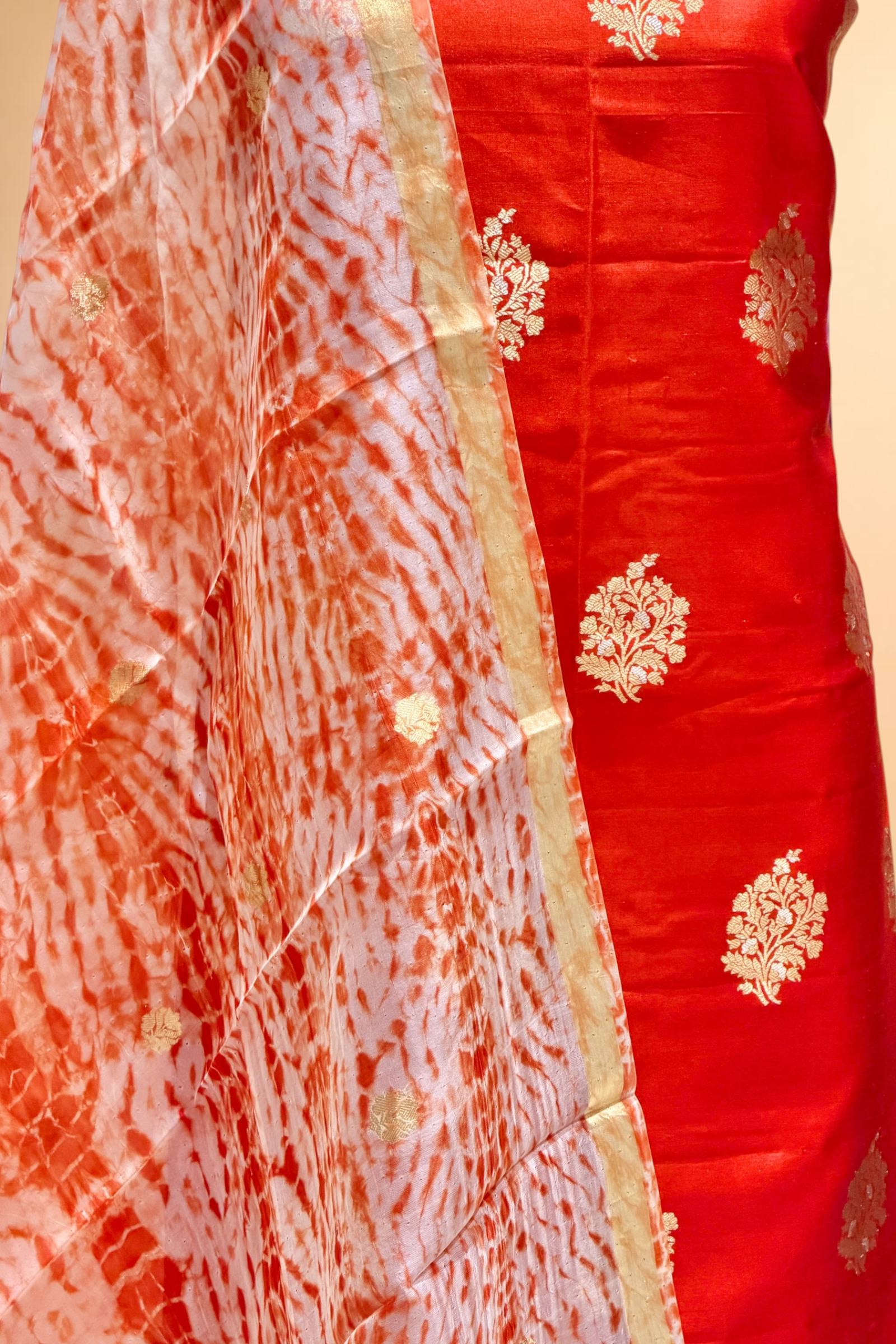Orange Pure Soft Silk Suit Set With Organza Shibori Dye Dupatta