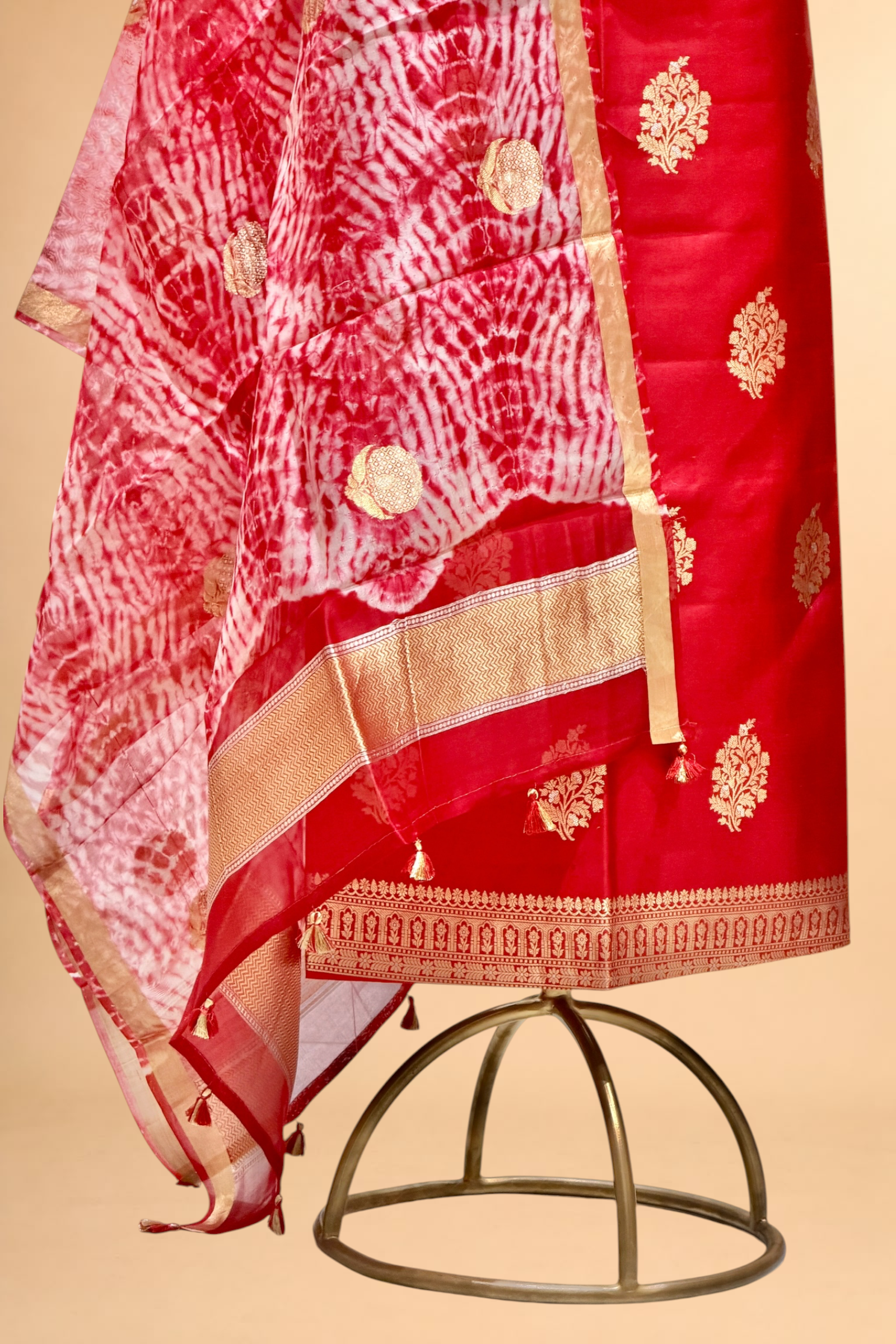 Red Pure Soft Silk Suit Set With Organza Shibori Dye Dupatta