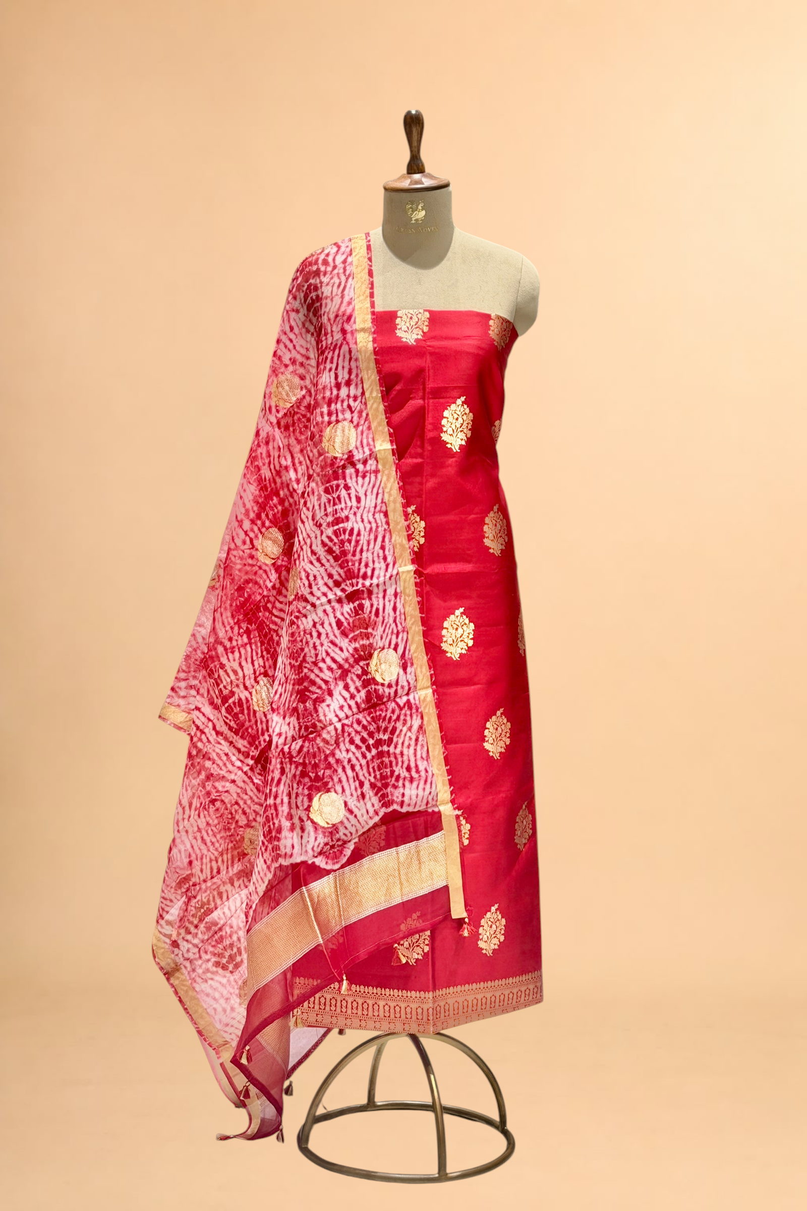 Red Pure Soft Silk Suit Set With Organza Shibori Dye Dupatta