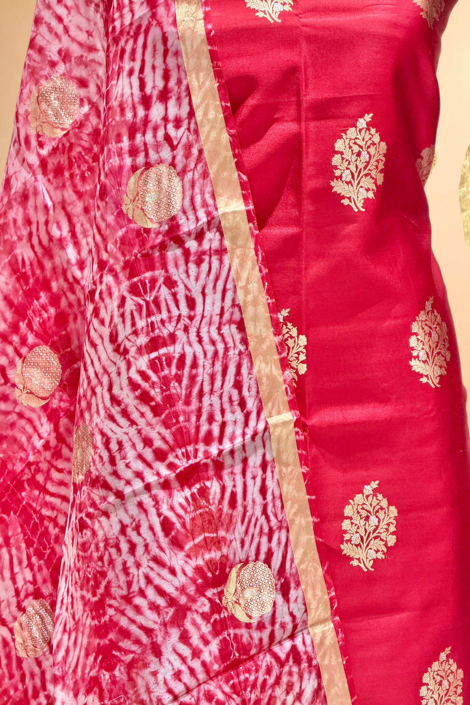 Red Pure Soft Silk Suit Set With Organza Shibori Dye Dupatta