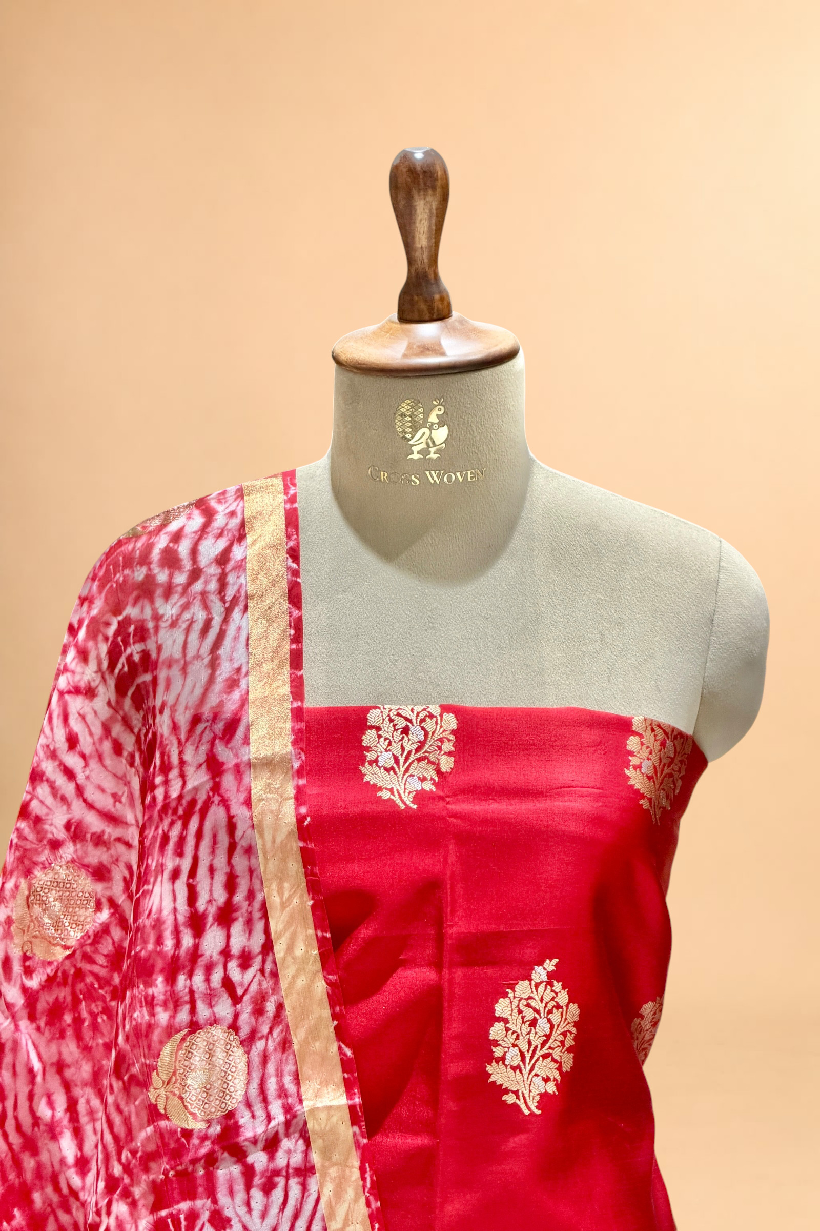 Red Pure Soft Silk Suit Set With Organza Shibori Dye Dupatta