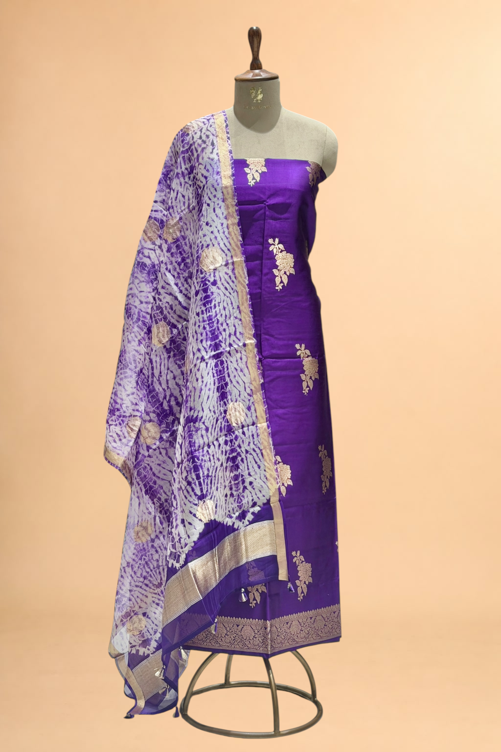 Purple Pure Soft Silk Suit Set With Organza Shibori Dye Dupatta