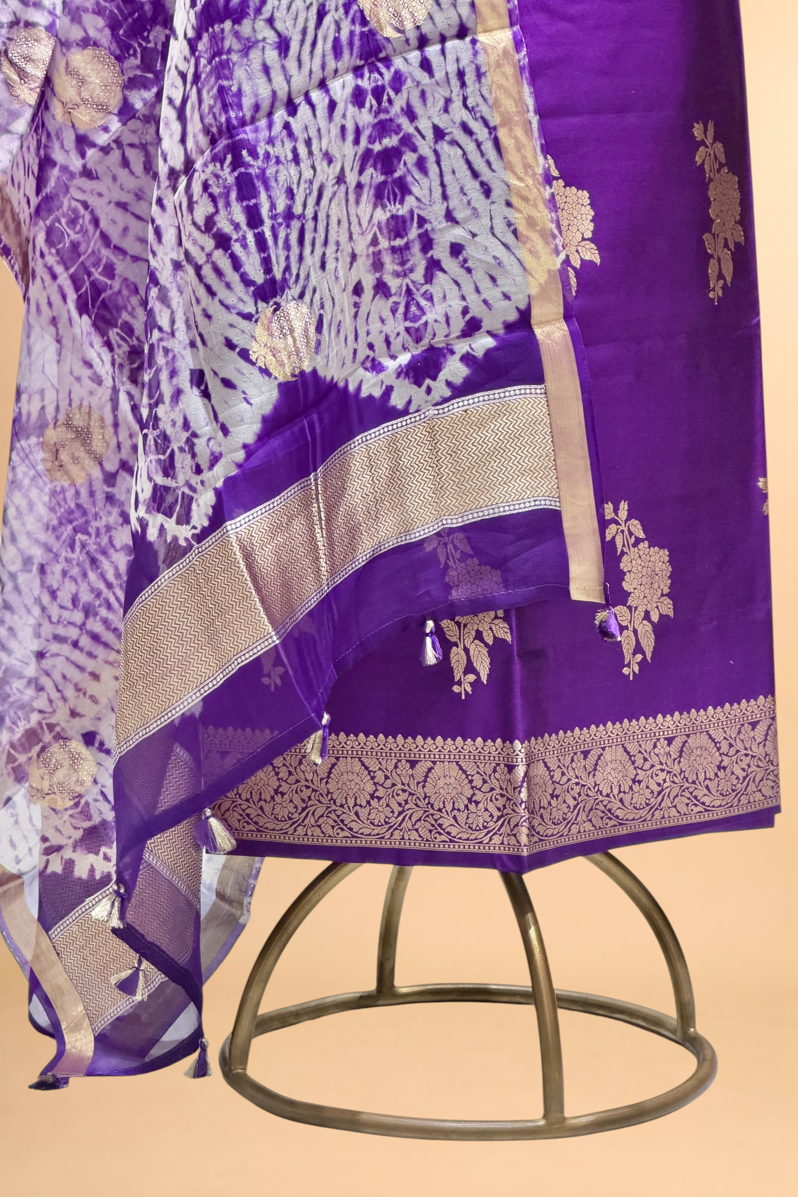 Purple Pure Soft Silk Suit Set With Organza Shibori Dye Dupatta