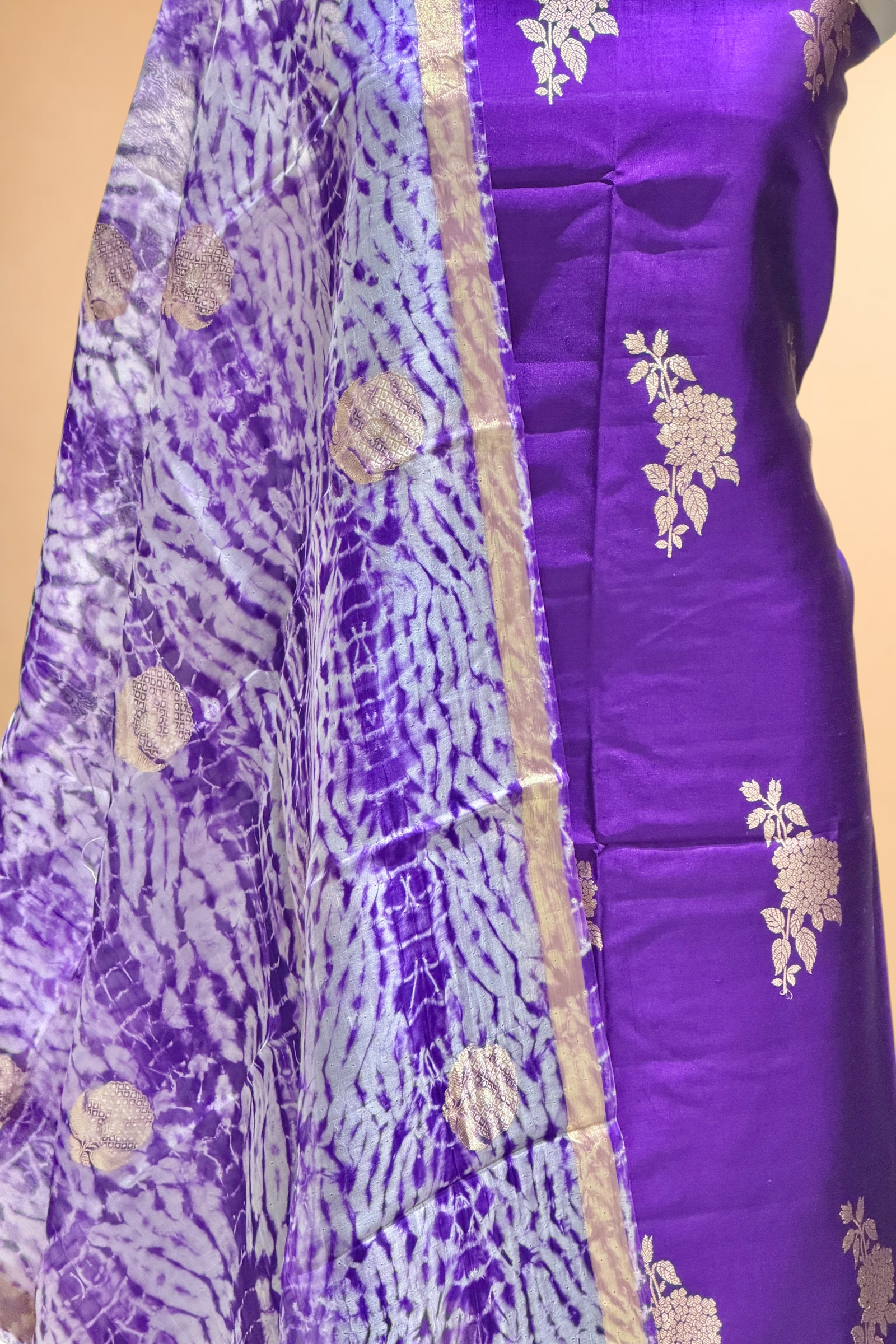 Purple Pure Soft Silk Suit Set With Organza Shibori Dye Dupatta