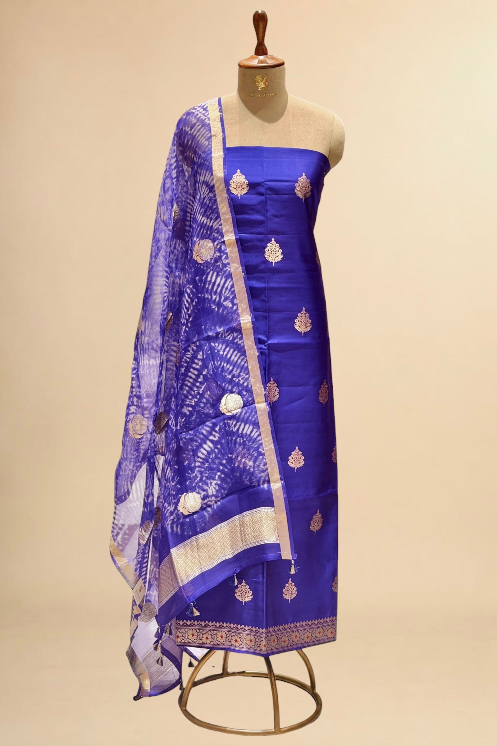 Blue Pure Soft Silk Suit Set With Organza Shibori Dye Dupatta