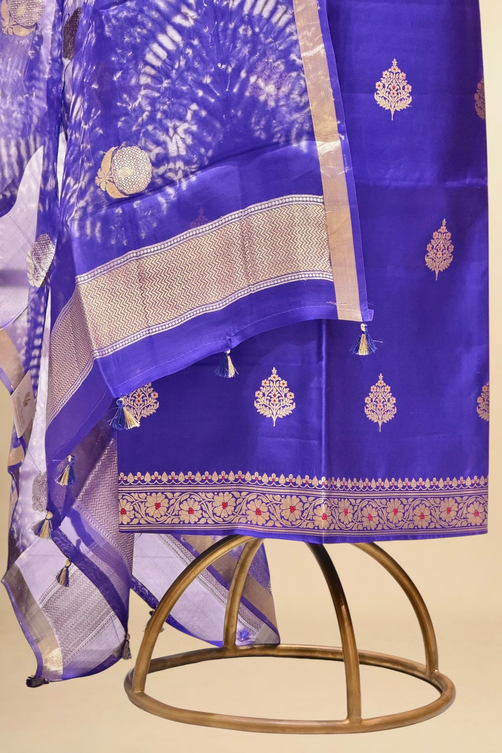 Blue Pure Soft Silk Suit Set With Organza Shibori Dye Dupatta