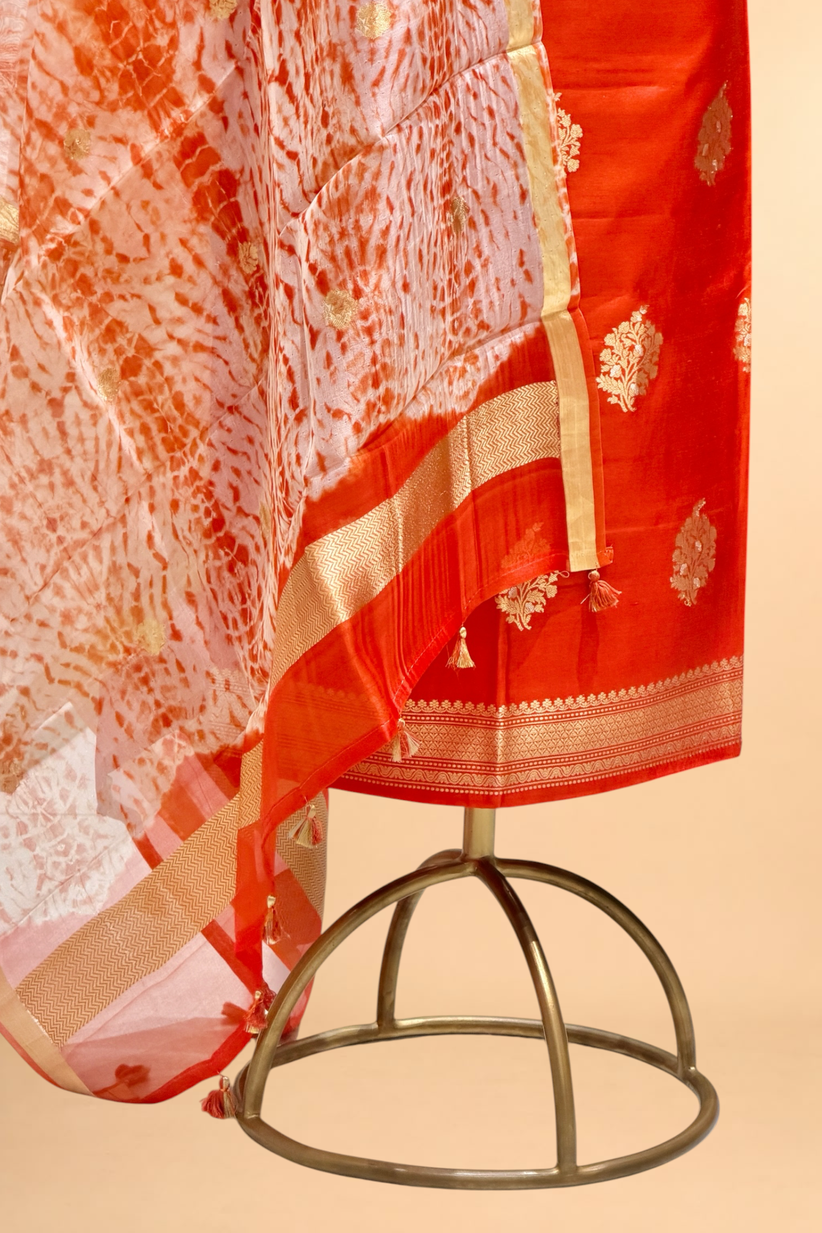Orange Pure Soft Silk Suit Set With Organza Shibori Dye Dupatta