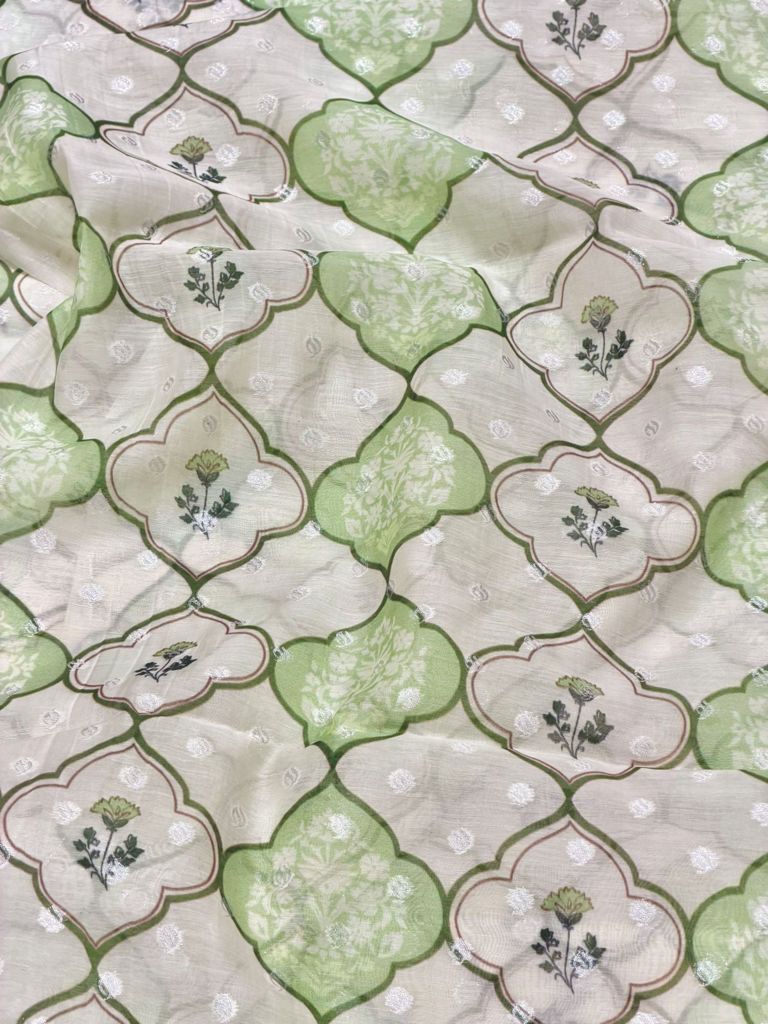 Pistachio Green Geometric Mul Weaving Silk Fabric