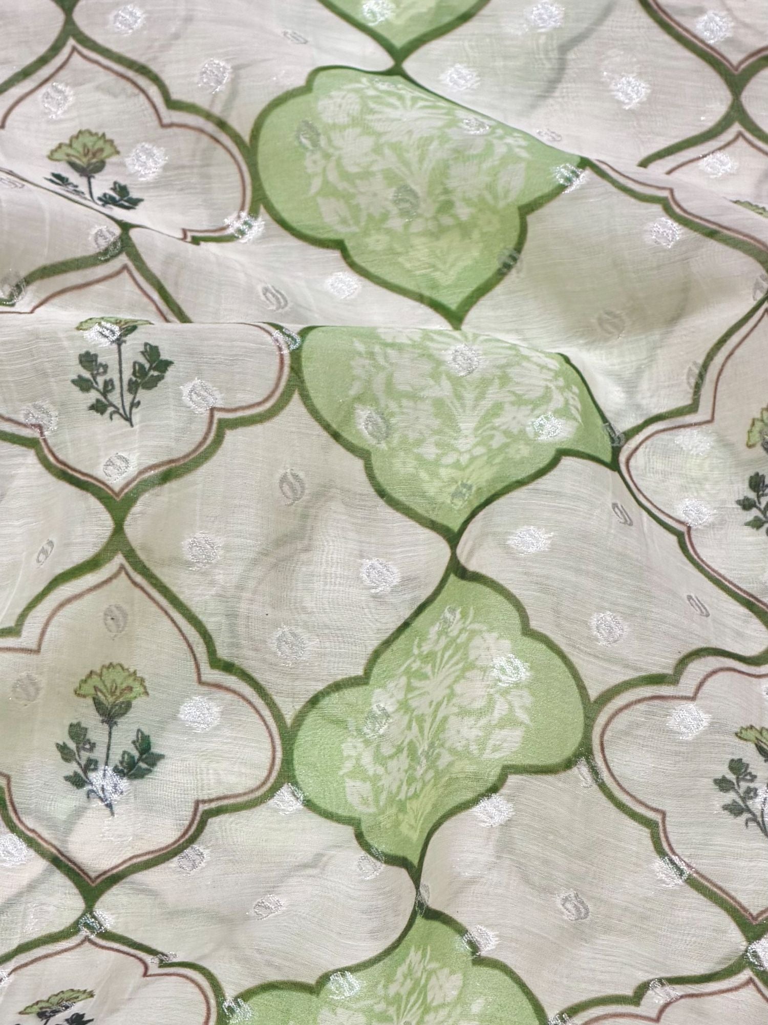 Pistachio Green Geometric Mul Weaving Silk Fabric