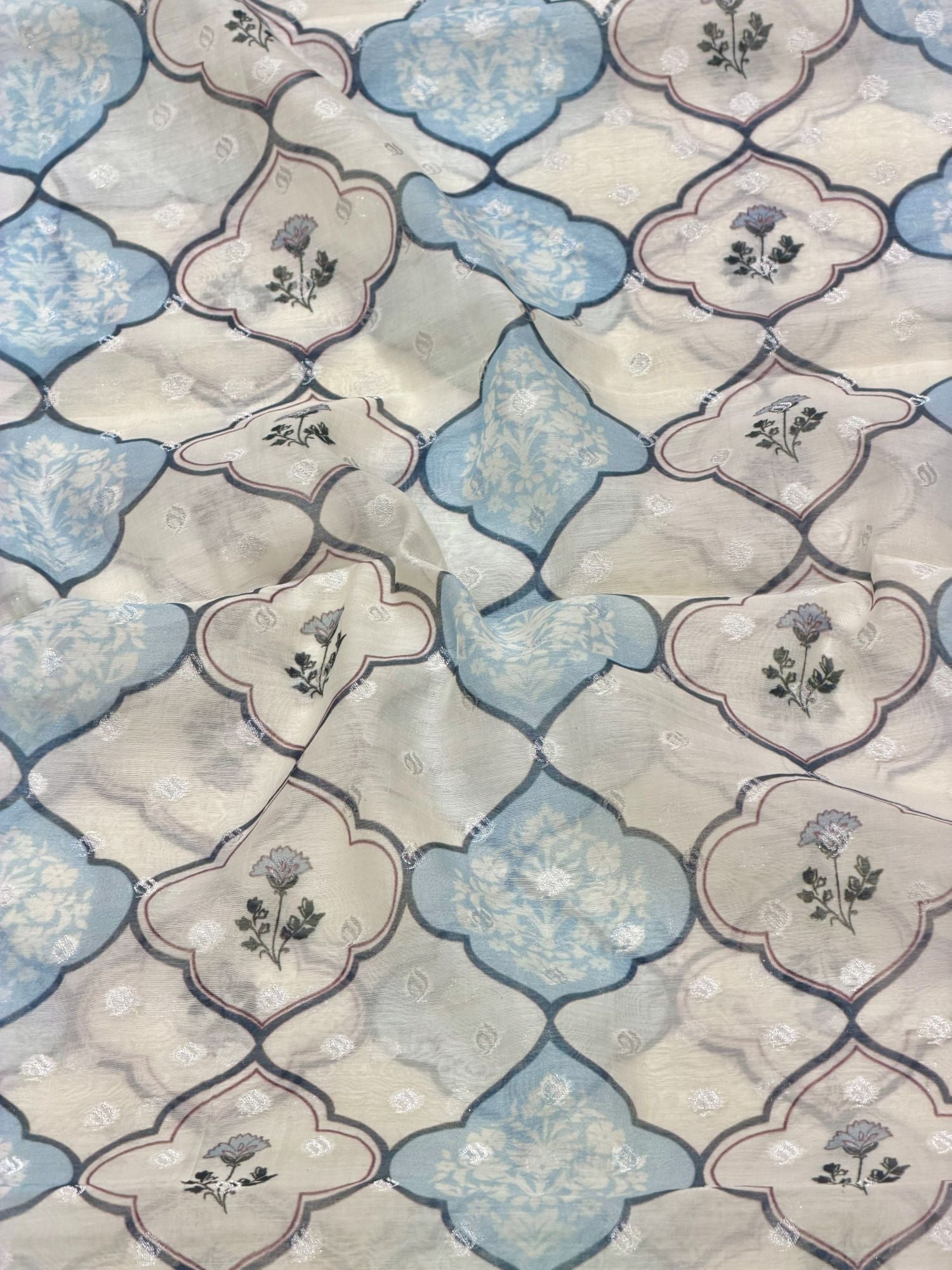 Pastel Blue Geometric Mul Weaving Silk Fabric
