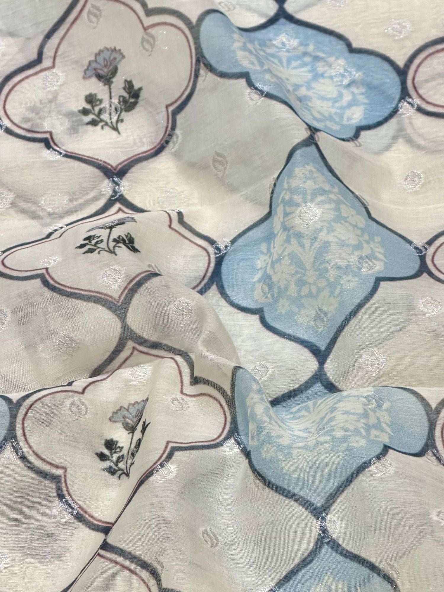 Pastel Blue Geometric Mul Weaving Silk Fabric
