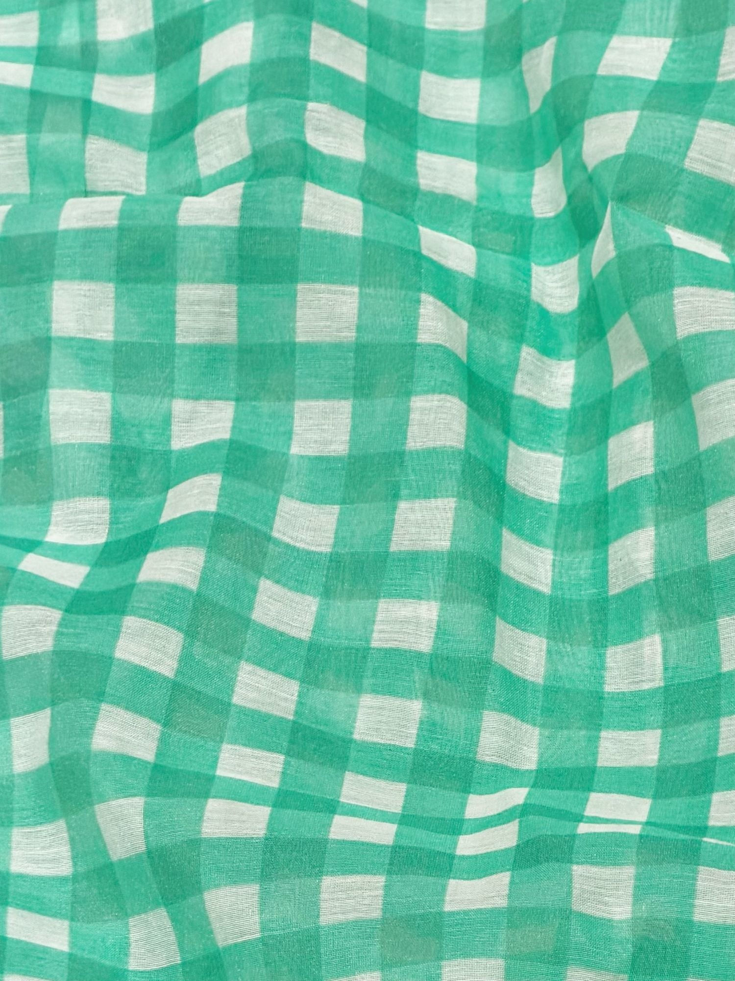 Aqua Green Printed Mul Checkered Fabric