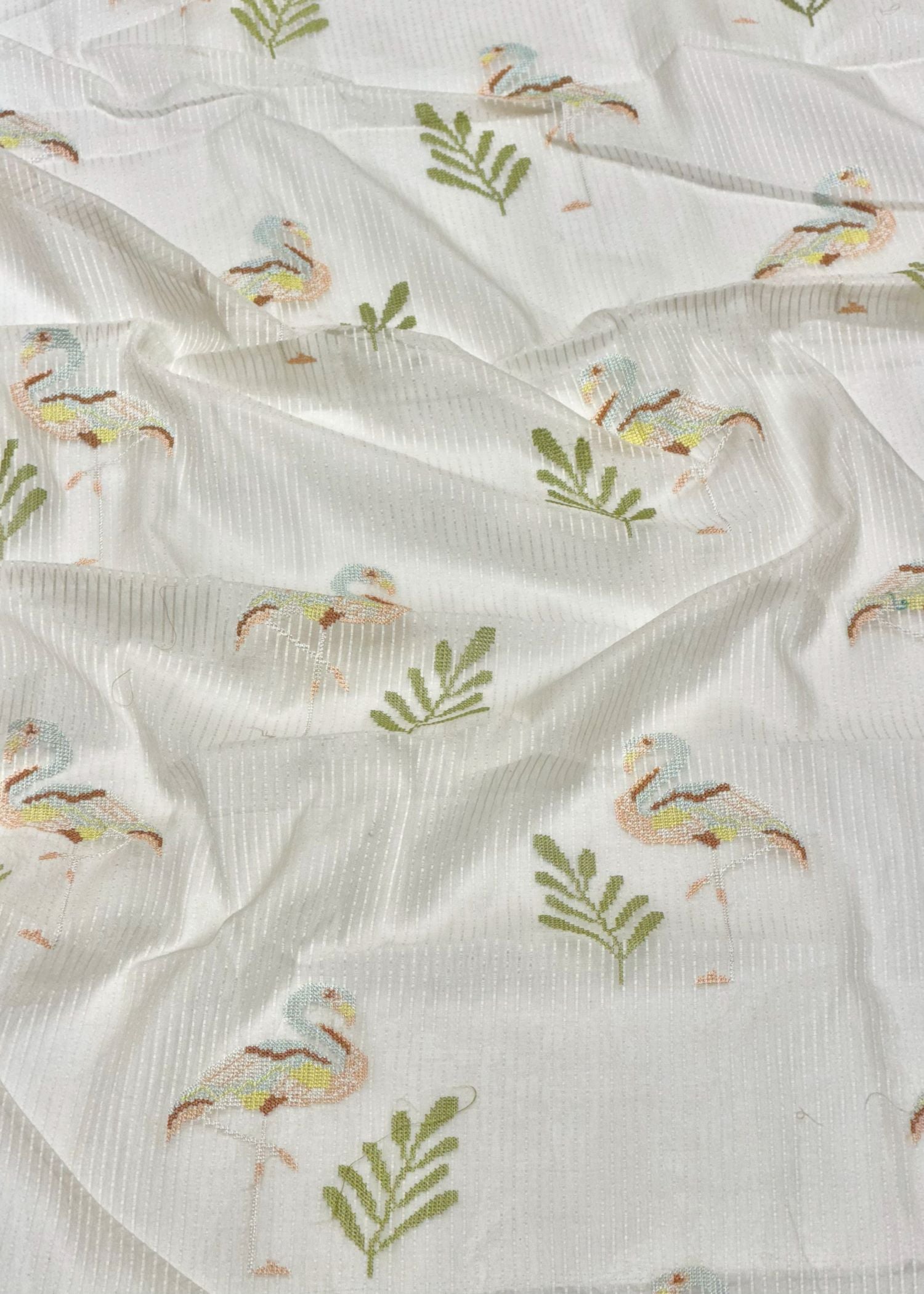 Off-White Premium Cotton Fabric With  Flamingo Embroidery
