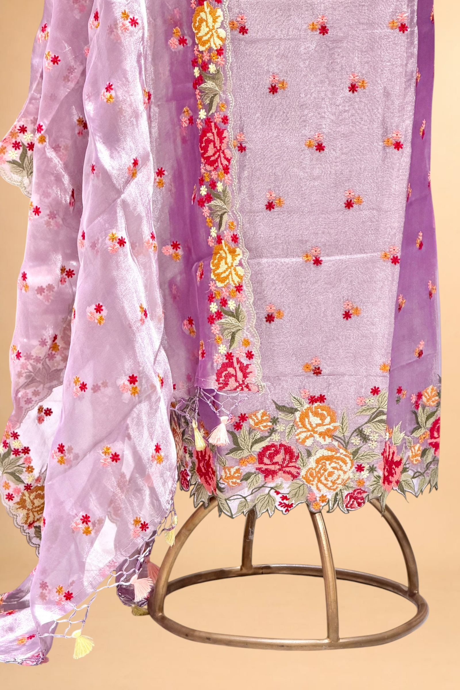 Lavender Tissue Silk Suit Set With Cross-Stitch Floral Embroidery