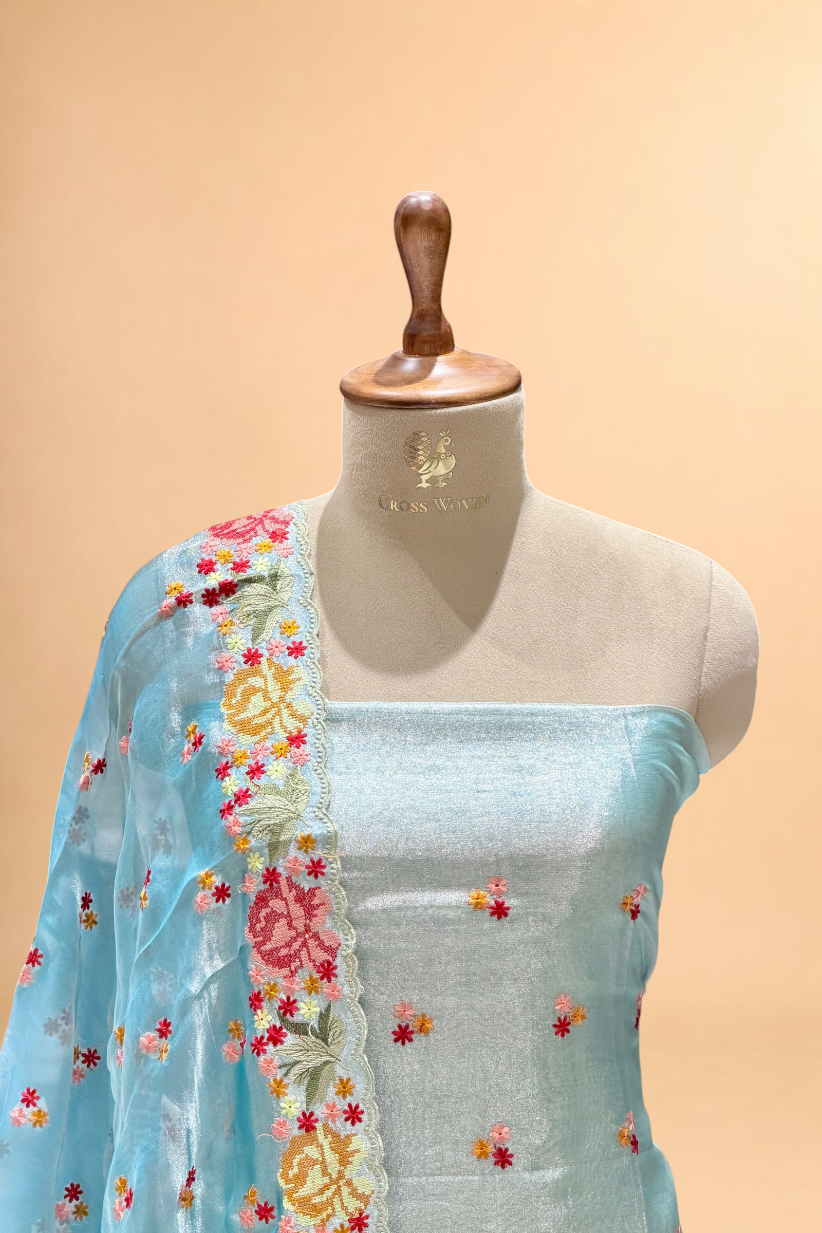 Blue Tissue Silk Suit Set With Cross-Stitch Floral Embroidery