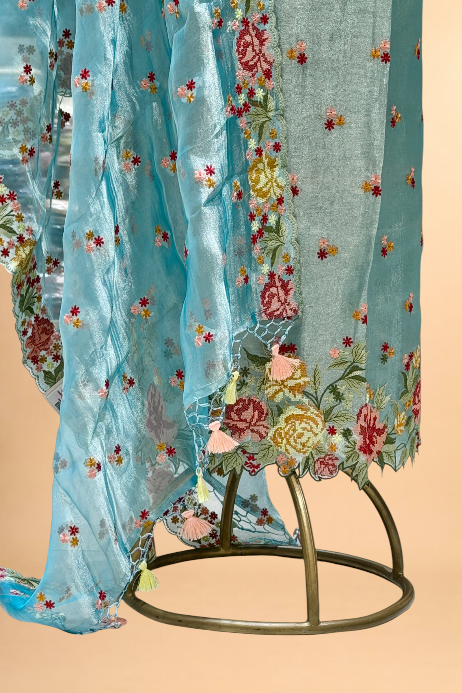 Blue Tissue Silk Suit Set With Cross-Stitch Floral Embroidery