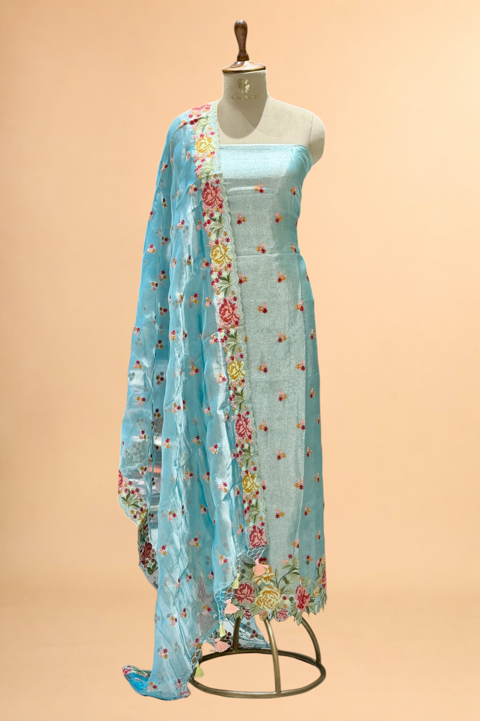 Blue Tissue Silk Suit Set With Cross-Stitch Floral Embroidery