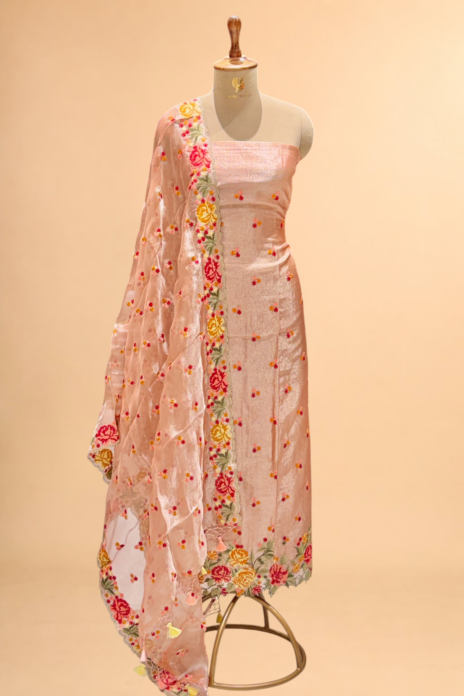 Blush Pink Tissue Silk Suit Set With Cross-Stitch Floral Embroidery