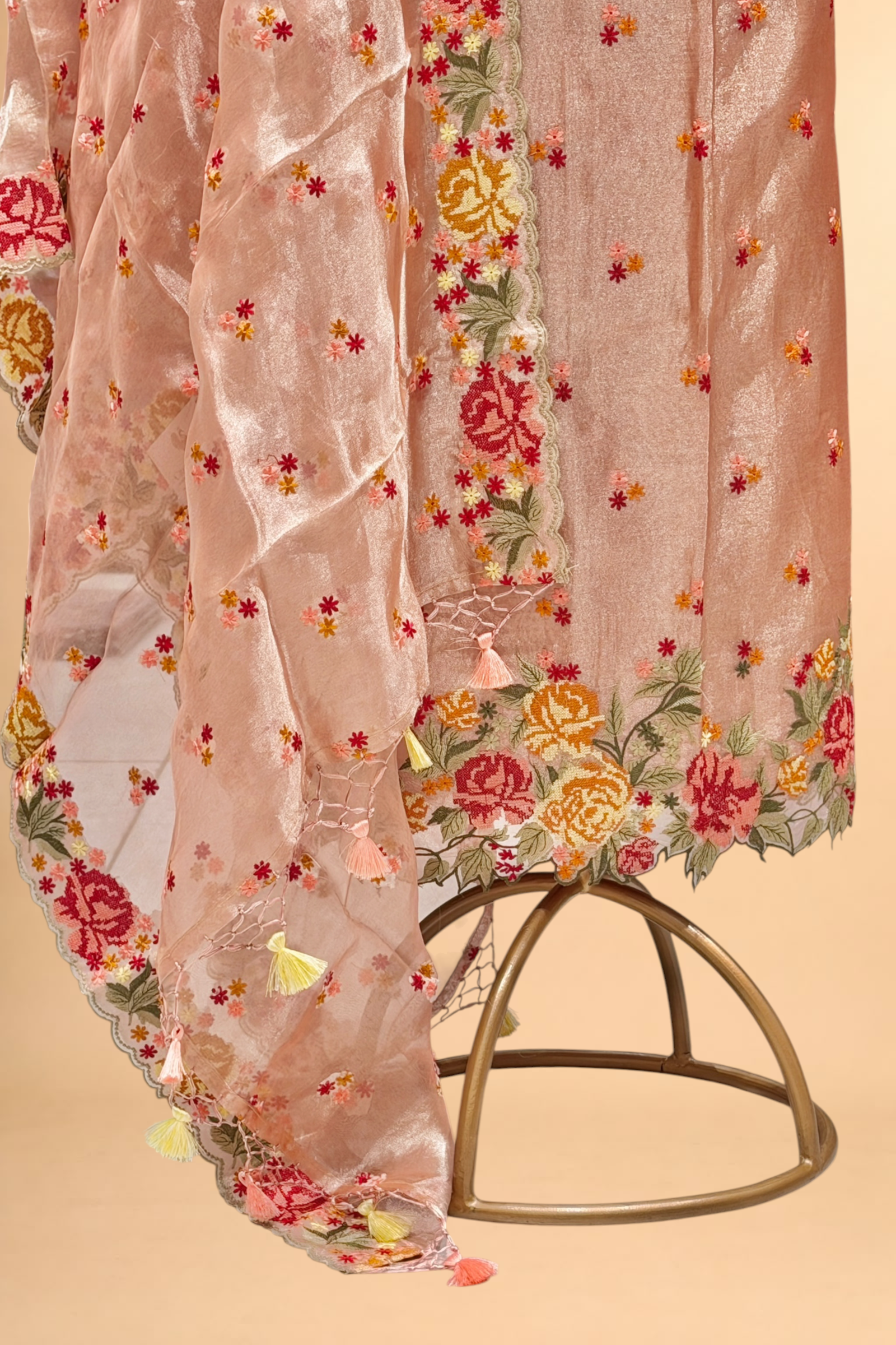 Blush Pink Tissue Silk Suit Set With Cross-Stitch Floral Embroidery