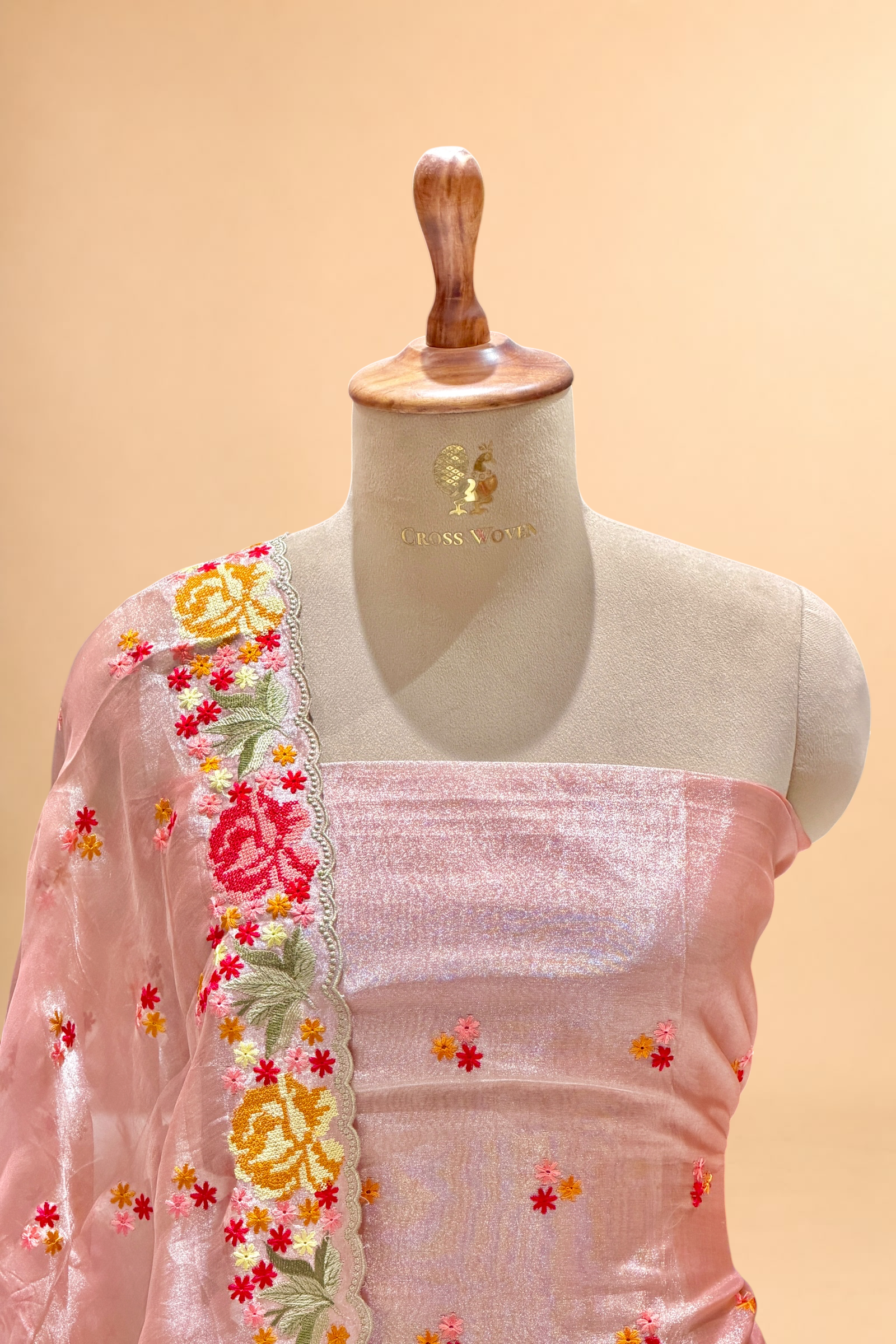 Blush Pink Tissue Silk Suit Set With Cross-Stitch Floral Embroidery