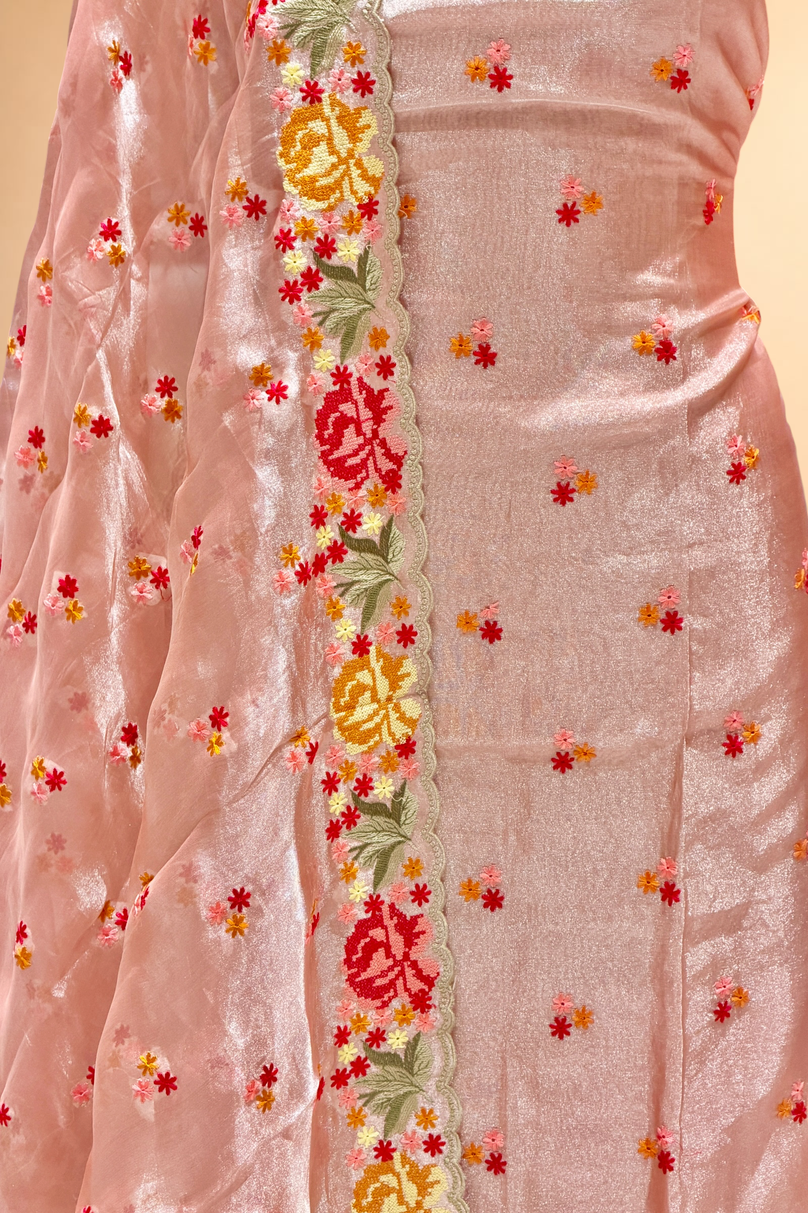 Blush Pink Tissue Silk Suit Set With Cross-Stitch Floral Embroidery