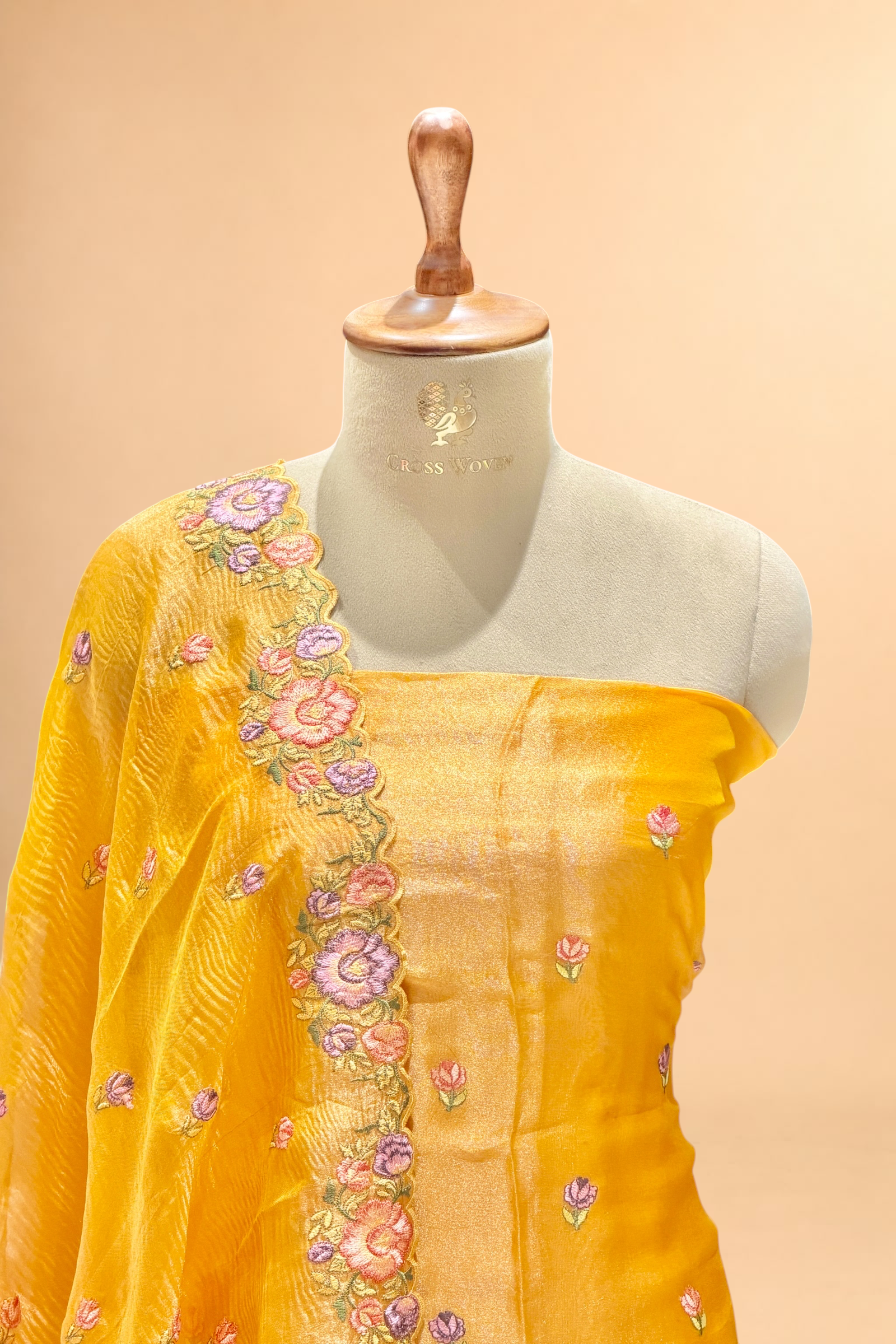 Golden Yellow Tissue Silk Suit Set With Floral Embroidery