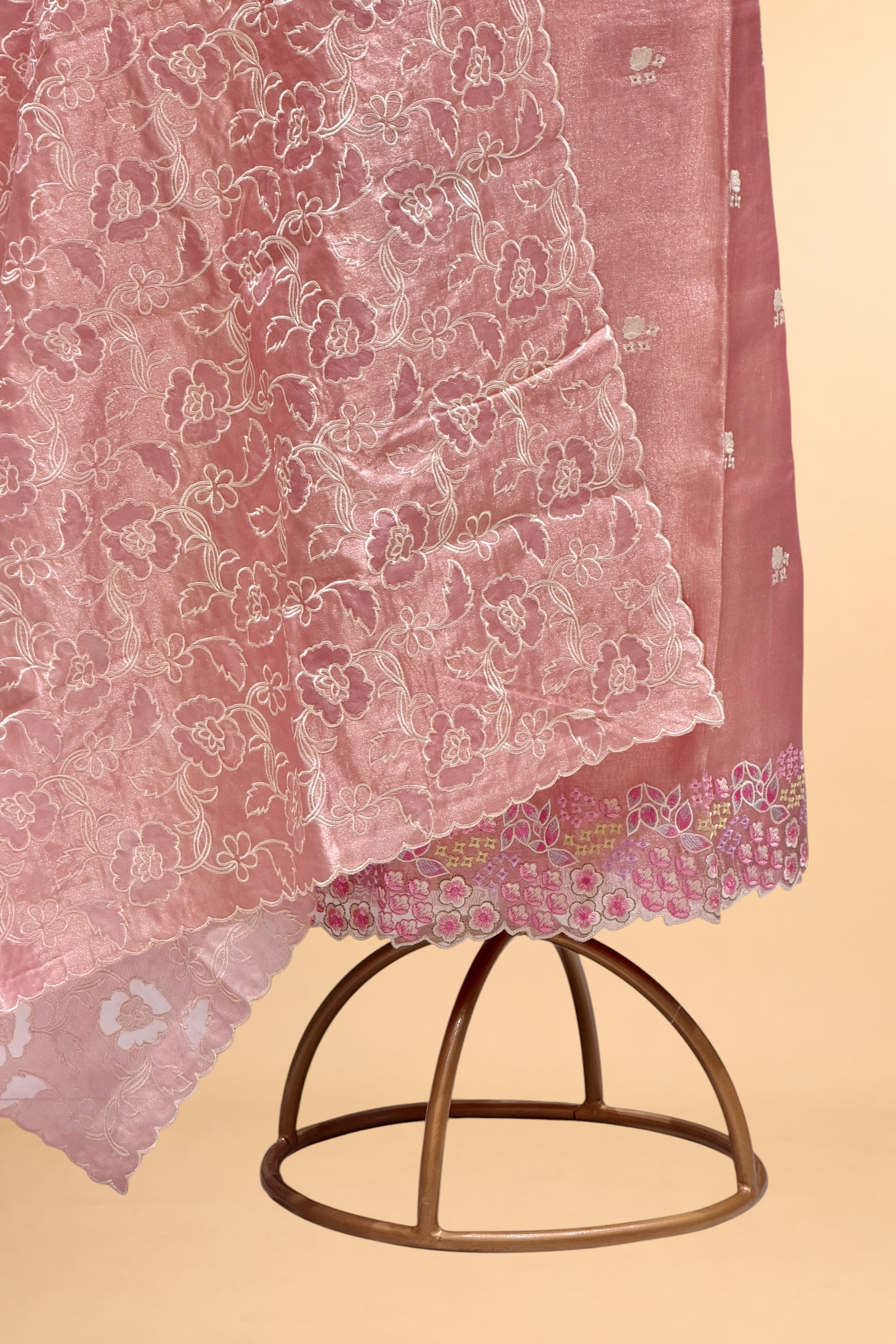 Pink Tissue Silk Embroidered Suit Set with Floral Jaal Dupatta