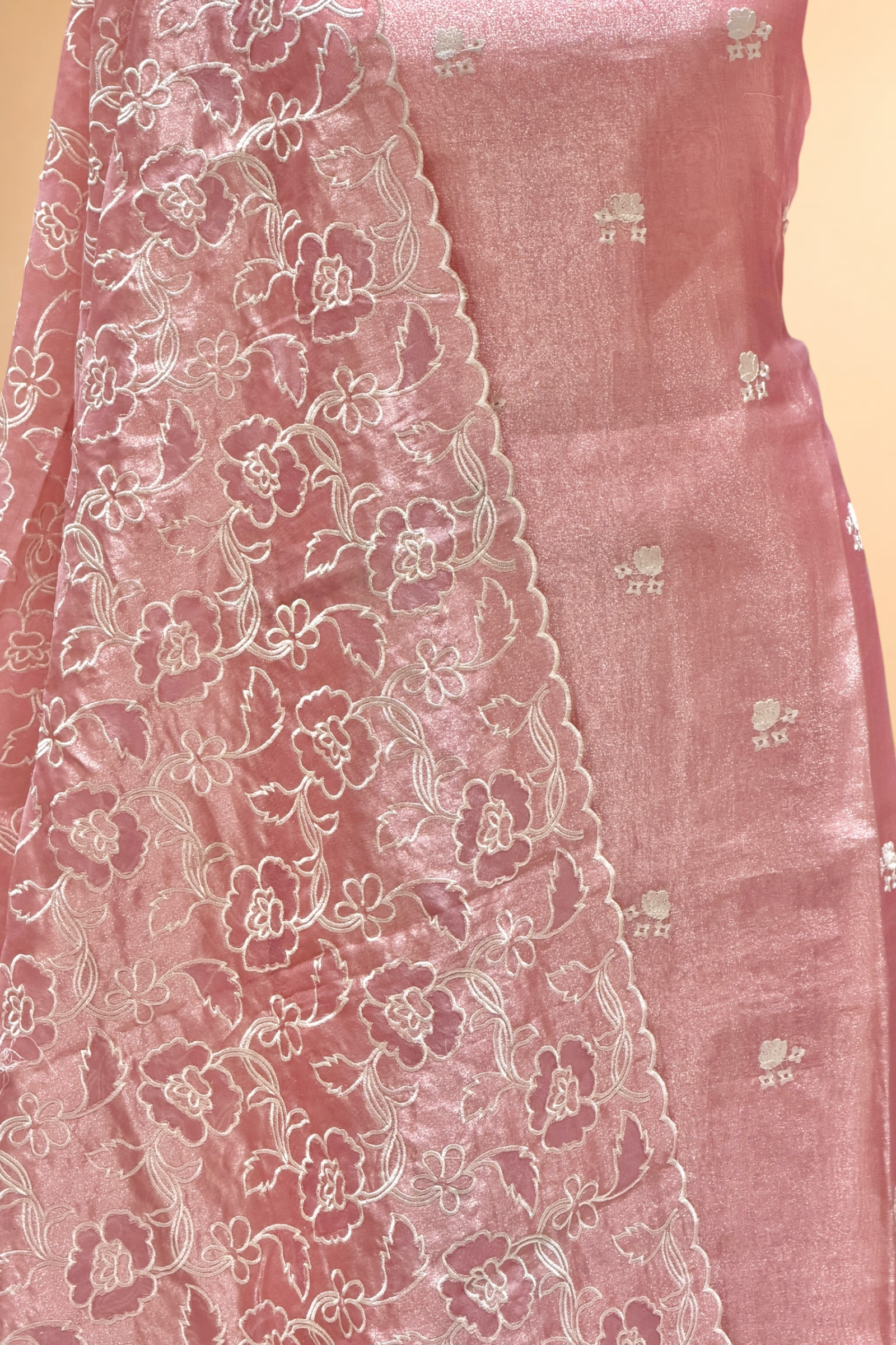 Pink Tissue Silk Embroidered Suit Set with Floral Jaal Dupatta