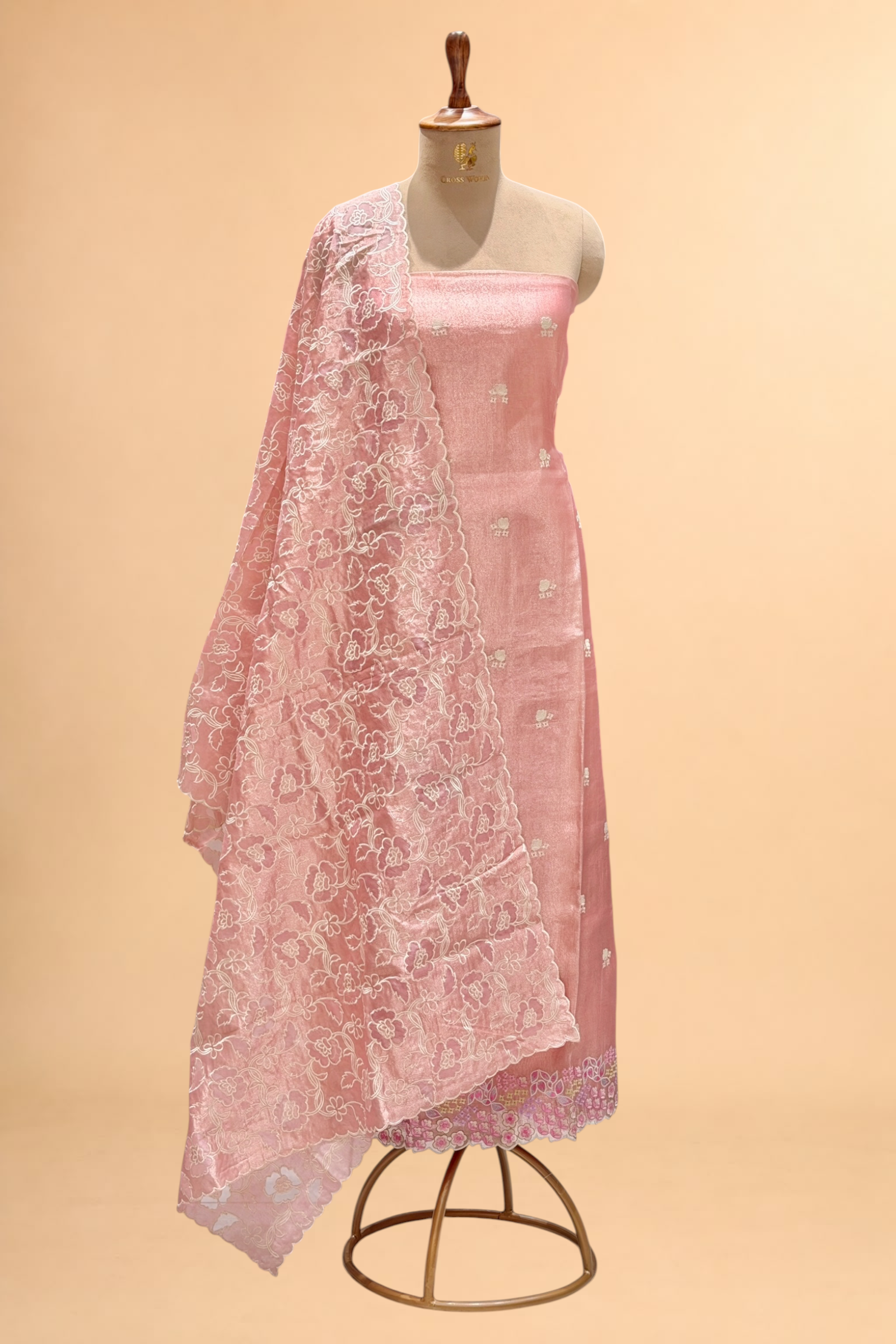 Pink Tissue Silk Embroidered Suit Set with Floral Jaal Dupatta