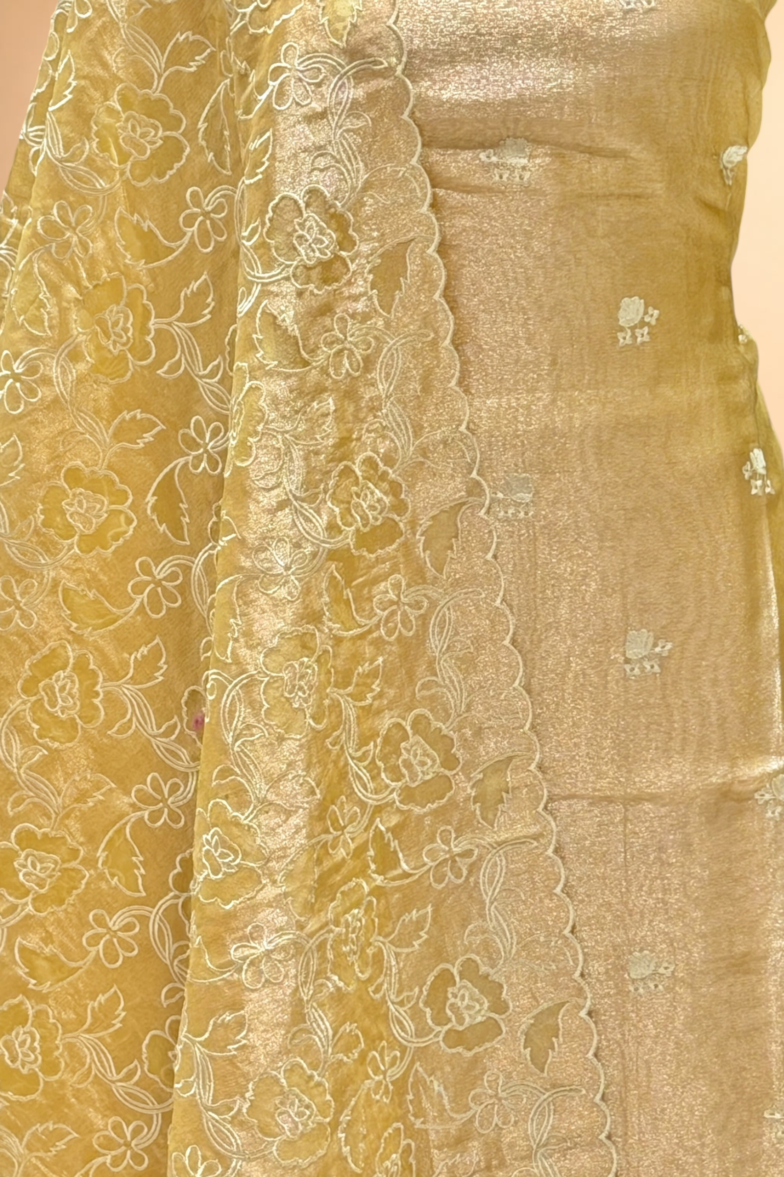 Yellow Tissue Silk Embroidered Suit Set with Floral Jaal Dupatta