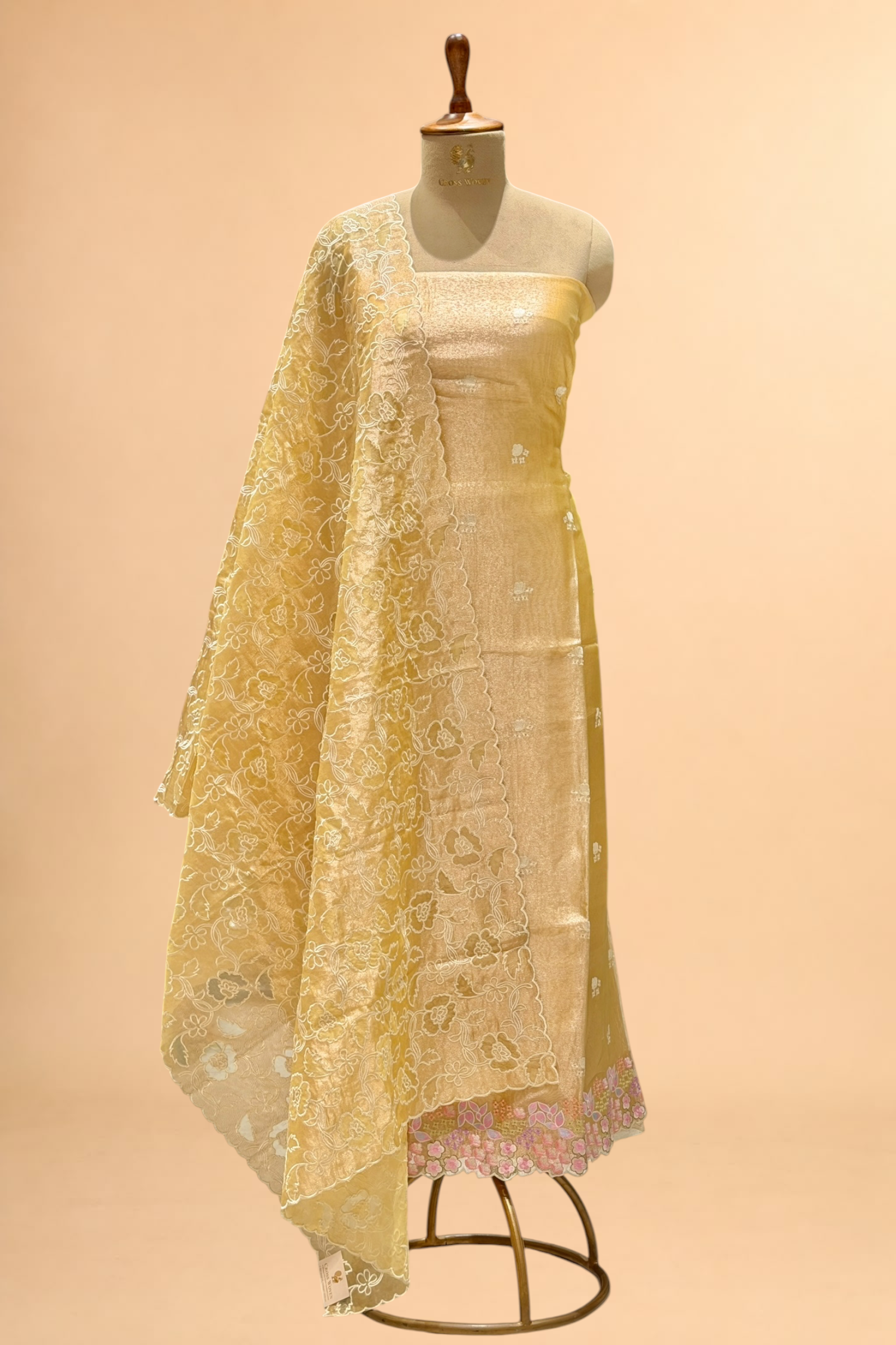 Yellow Tissue Silk Embroidered Suit Set with Floral Jaal Dupatta