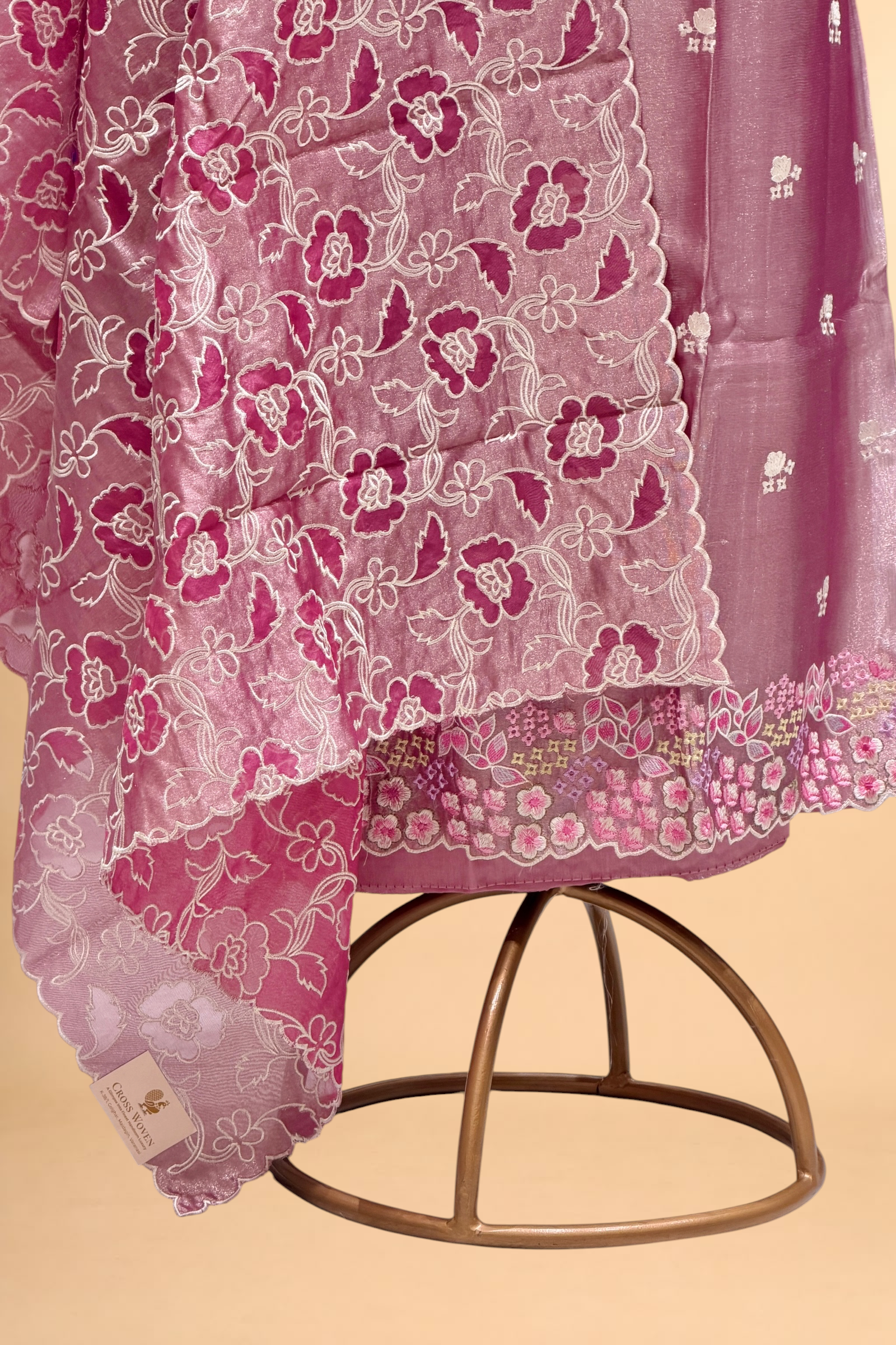 Dusty Pink Tissue Silk Embroidered Suit Set with Floral Jaal Dupatta