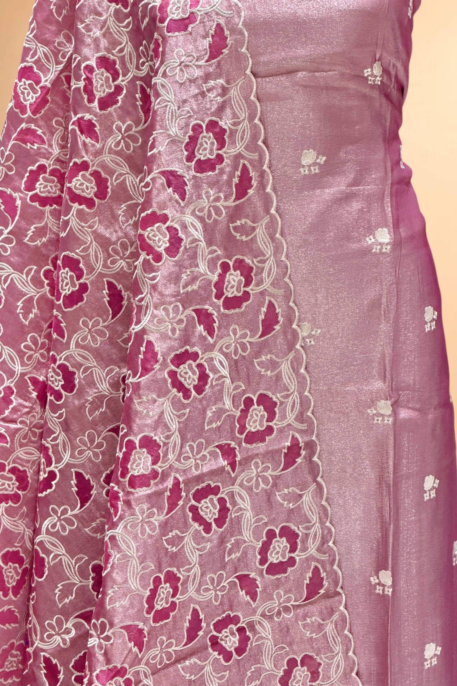 Dusty Pink Tissue Silk Embroidered Suit Set with Floral Jaal Dupatta