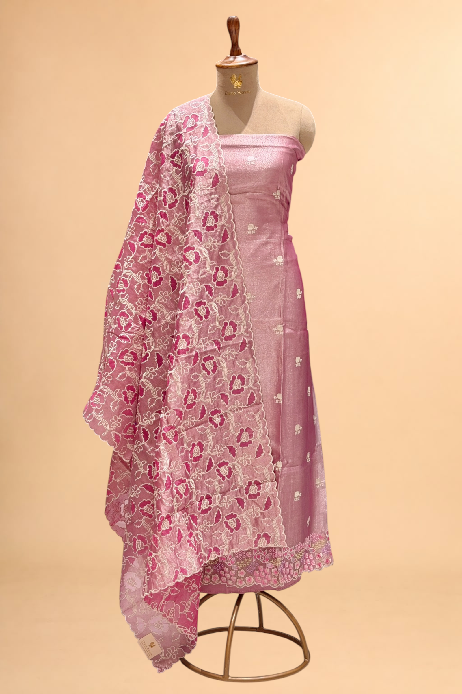 Dusty Pink Tissue Silk Embroidered Suit Set with Floral Jaal Dupatta