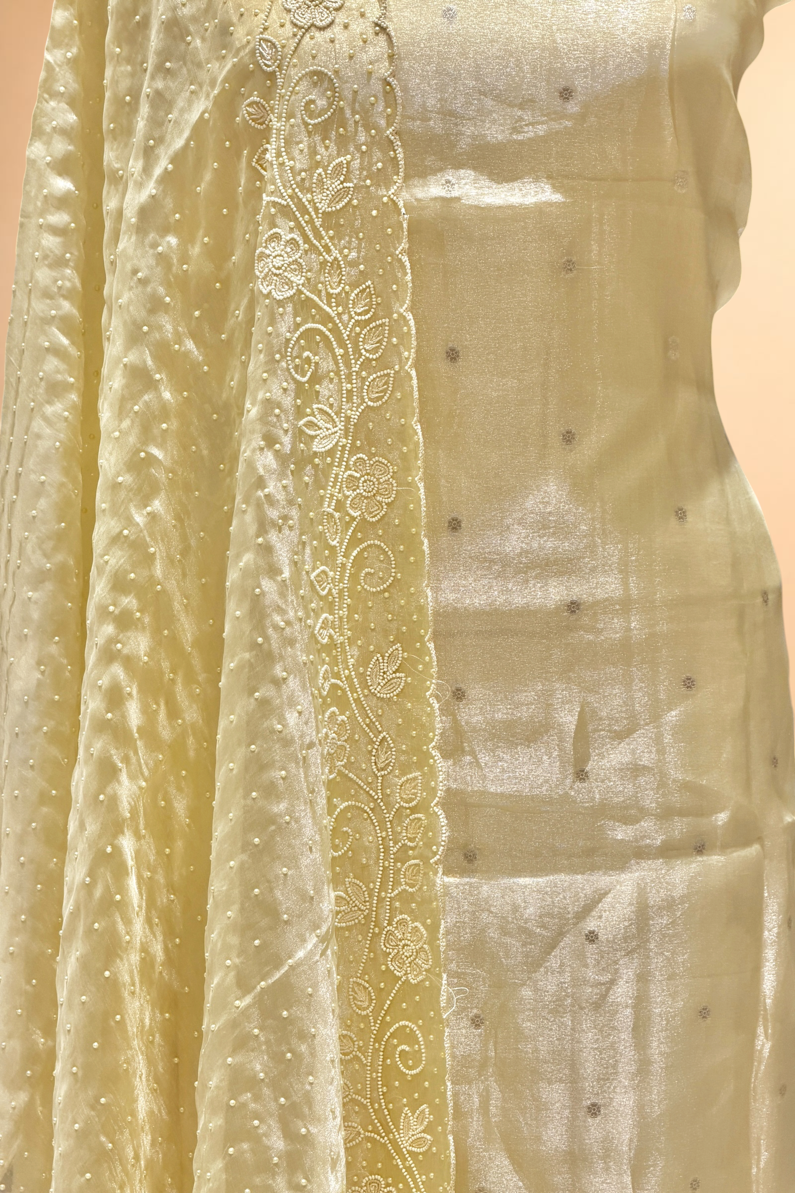 Pale Yellow Tissue Silk Suit Set With Pearl Embellishments