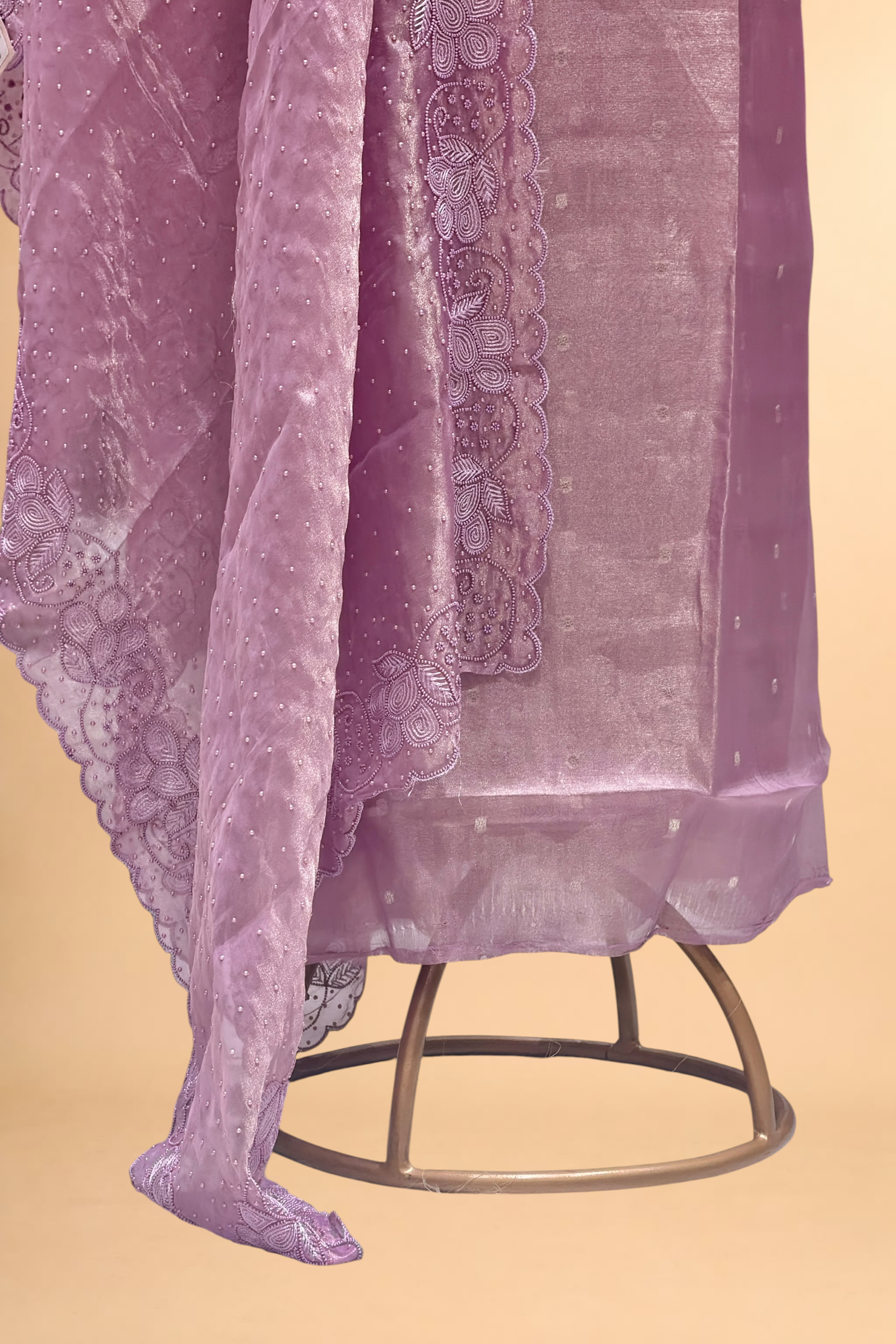 Lavender Tissue Silk Suit Set With Pearl Embellishments