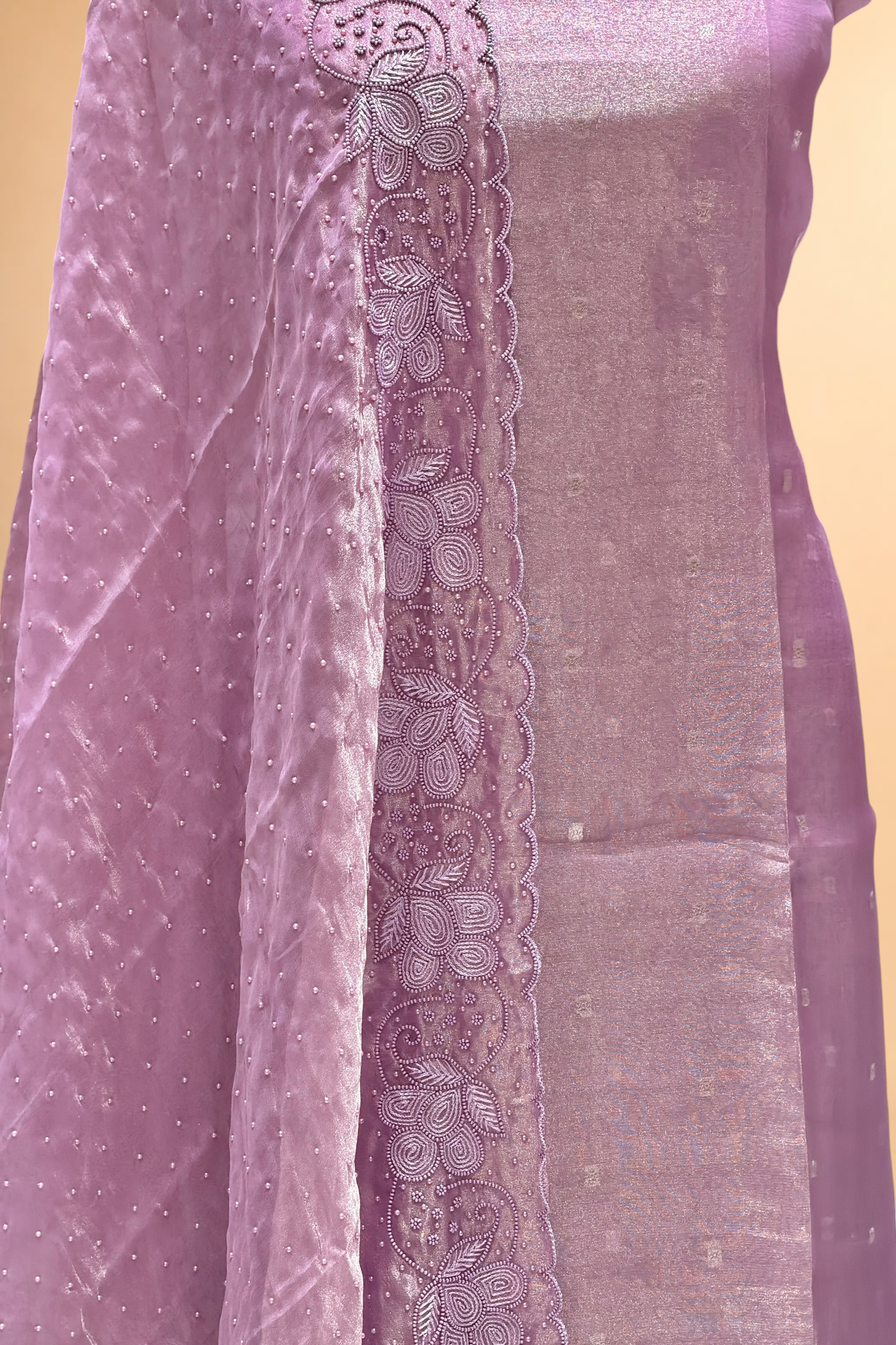 Lavender Tissue Silk Suit Set With Pearl Embellishments