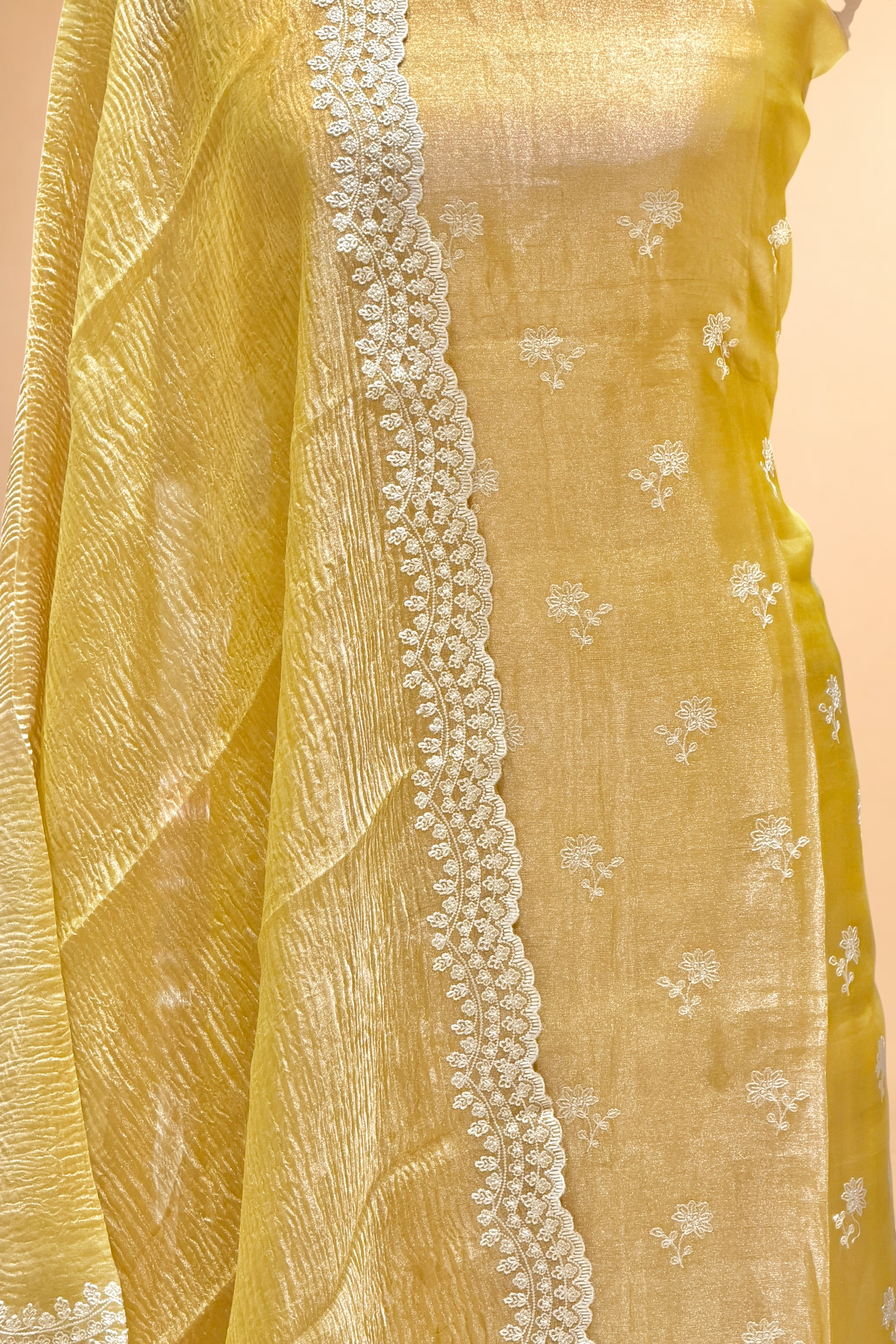 Pastel Yellow Tissue Silk Suit Set with Crush Tissue Dupatta