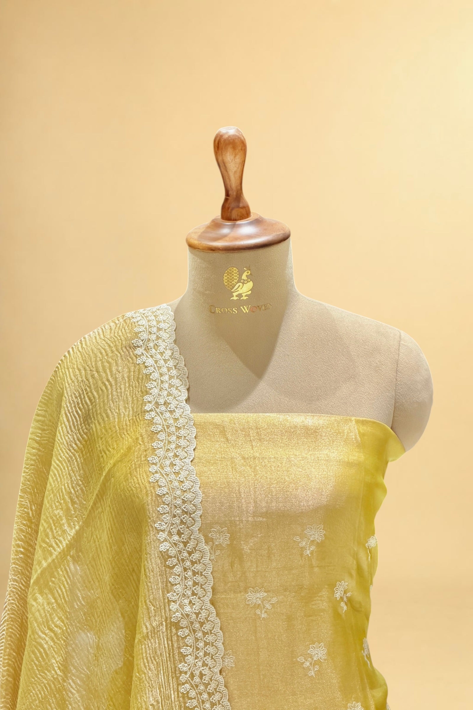 Lime Yellow Tissue Silk Suit Set with Crushed Tissue Dupatta