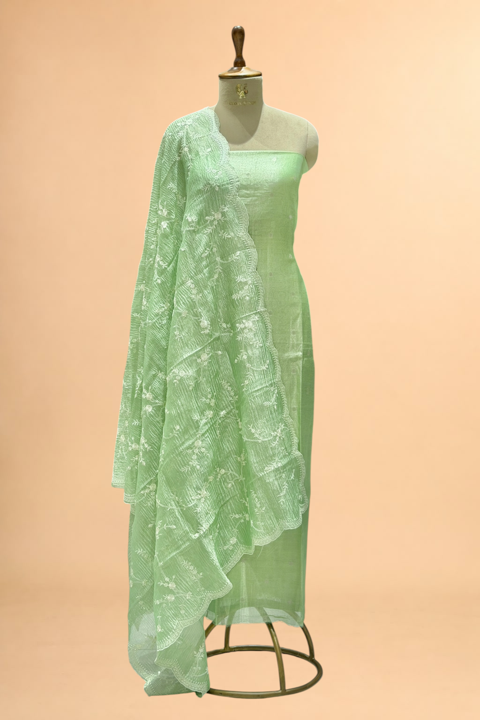 Sage Green Tissue Silk Suit Set with Crush Tissue Floral Dupatta