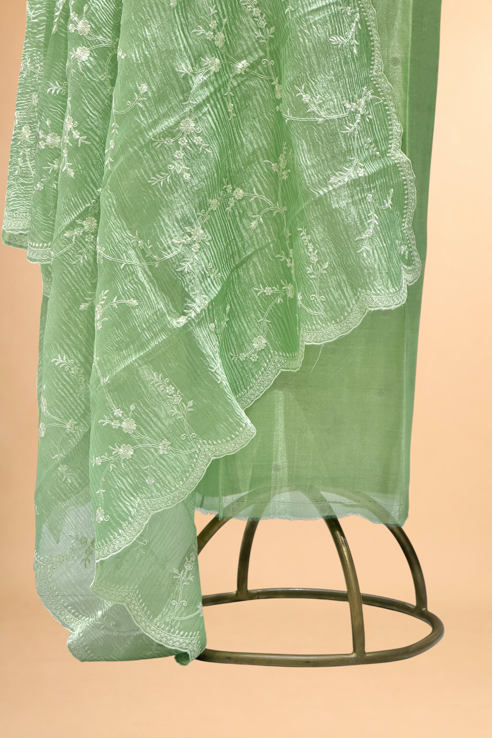 Sage Green Tissue Silk Suit Set with Crush Tissue Floral Dupatta